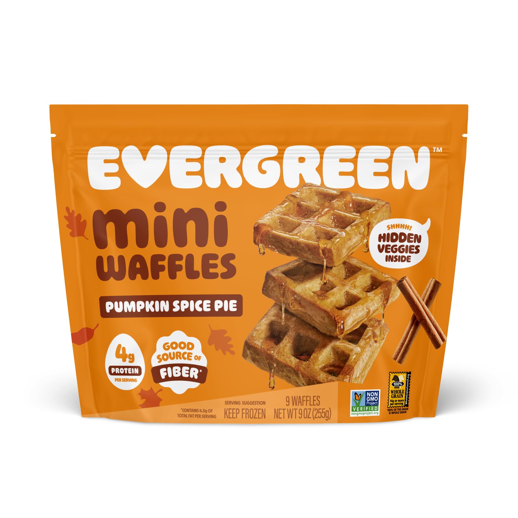 Evergreen Pumpkin Spice Pie Waffles, 100% Whole Grain, Dairy-Free, No Preservatives, 9 Frozen Waffles per Bag