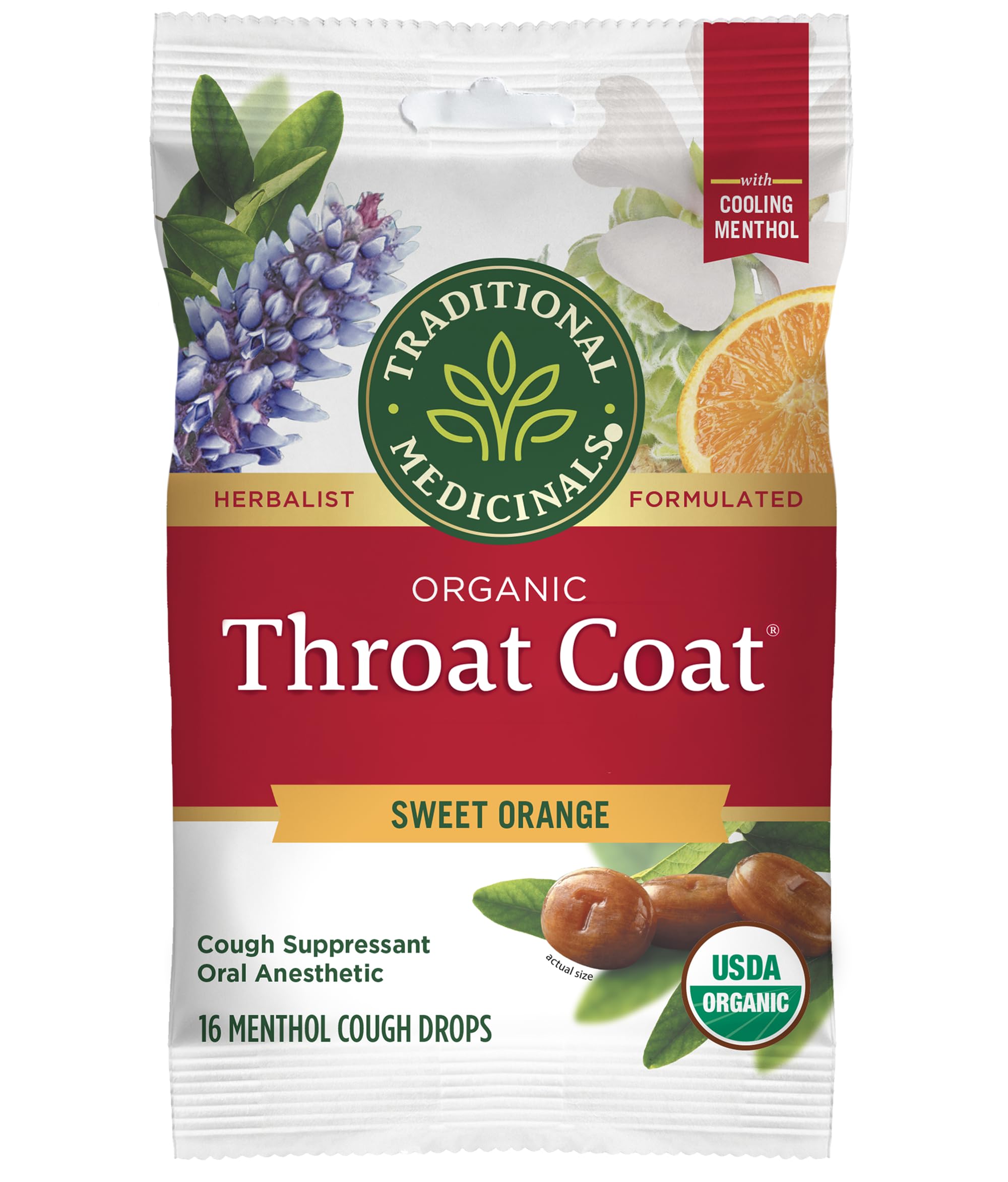 Traditional Medicinals Organic, Throat Coat Lozenges, Sweet Orange with Menthol - Herbal Cough Drops, Helps Soothe Sore Throat & Relieve Cough - Non-GMO, Stimulant-Free - 16 Count