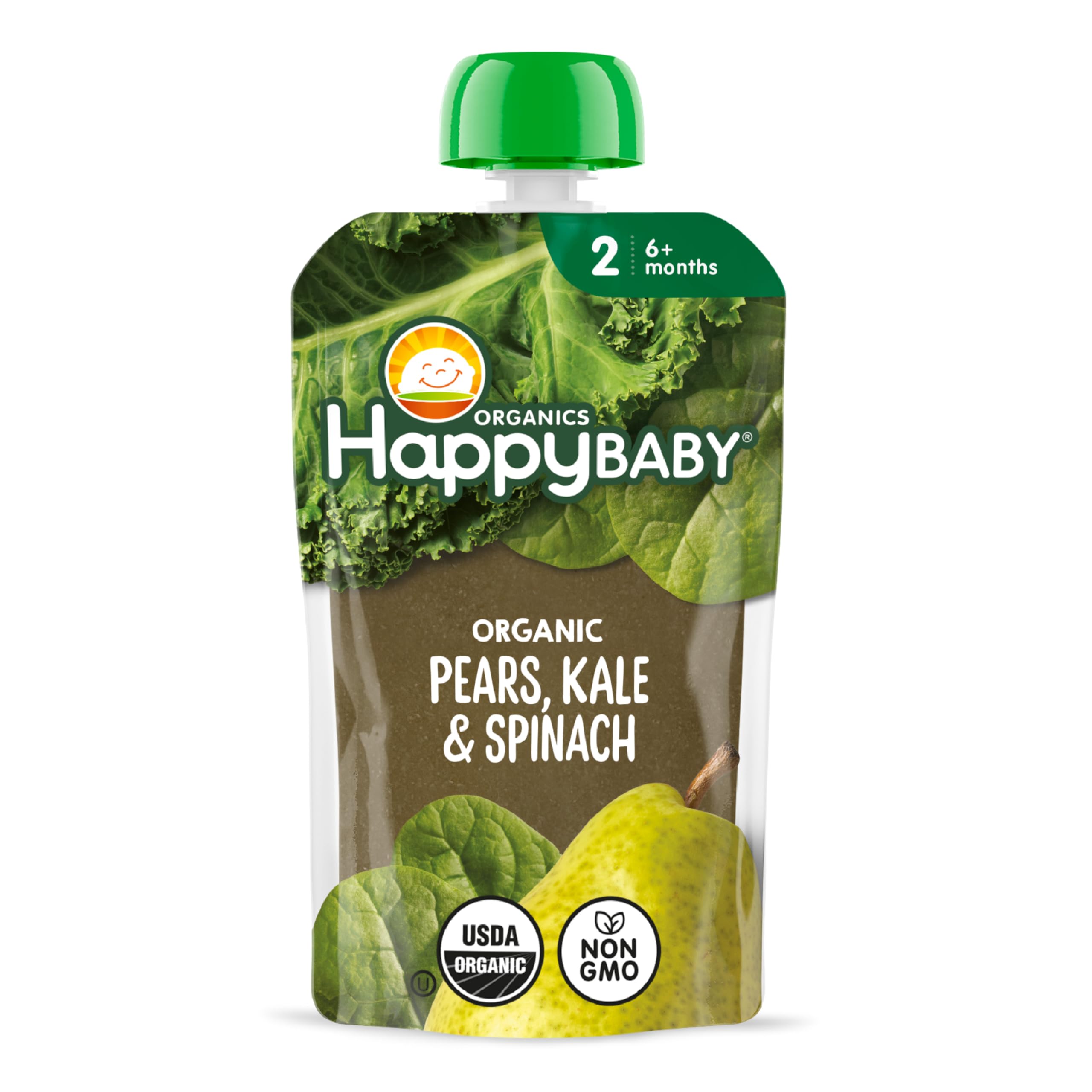 Happy Baby Organics Stage 2 Baby Food Pouches, Gluten Free, Vegan & Healthy Snack, Clearly Crafted Fruit & Veggie Puree, Pears, Kale & Spinach, 4 Ounces (Pack of 1)