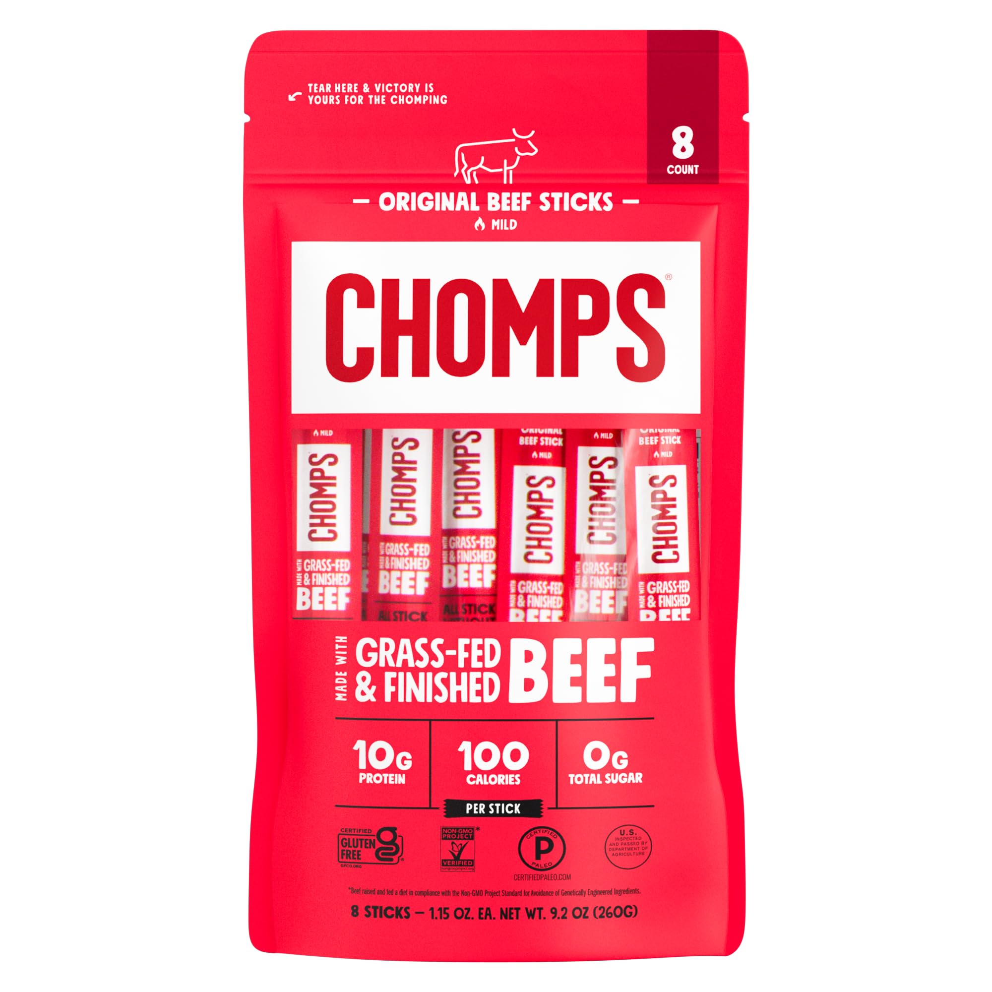 Chomps Original Beef, Grass-Fed & Finished, 8ct, Protein Snack Stick | Finished And Grass-Fed Beef Sticks With Zero Sugar, Keto And Paleo Friendly, Whole30, Low-Carb Snack, 10G Protein
