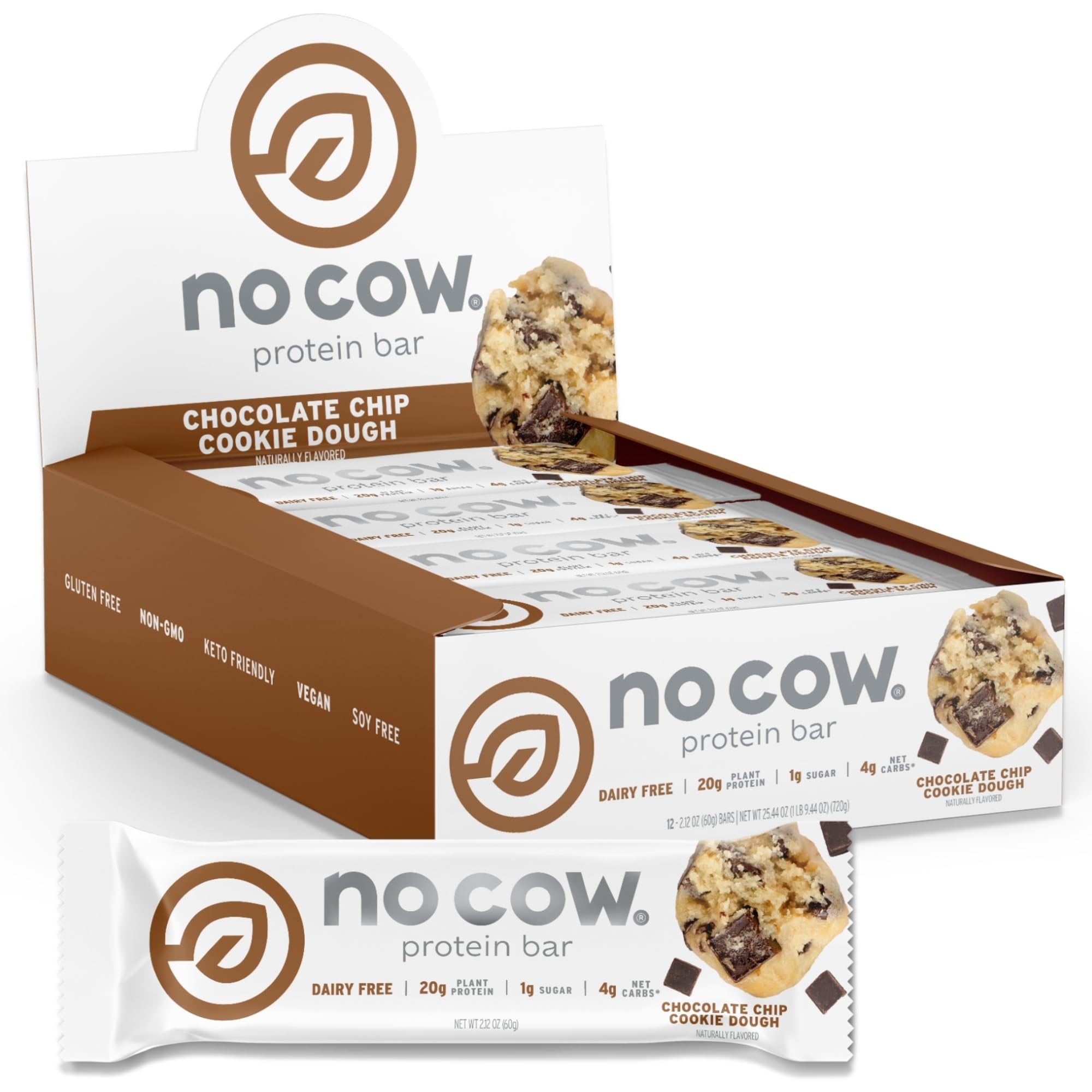 No Cow Chocolate Chip Cookie Dough Vegan Protein Bars, 12 Pack | 20g High Plant-Based Protein, High Fiber, Low Sugar, Gluten-Free, Dairy-Free, Soy-Free, Keto-Friendly Snack Bars