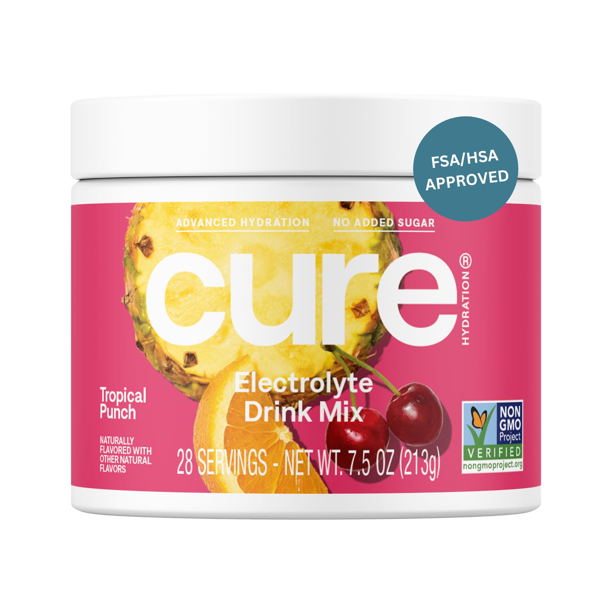 Cure Hydration - Electrolyte Drink Powder Tropical Punch 28 Servings | Plant-Based Dehydration Relief Mix Made with Coconut Water, No Added Sugar, Vegan, Non-GMO, Gluten Free, FSA-HSA Eligible