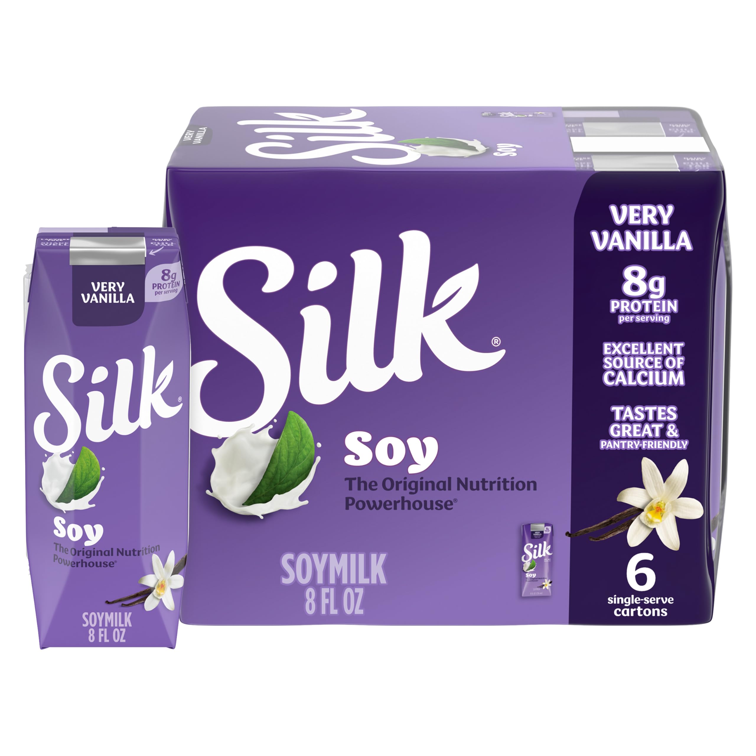 Silk Plant Based Shelf-Stable Soy Milk, Very Vanilla, 8 fl oz, 6 Count | Dairy, Lactose & Gluten-Free, Vegan, Non-GMO, 50% More Calcium Than Dairy Milk, 8 Grams of Protein, Easy On-The-Go Snack