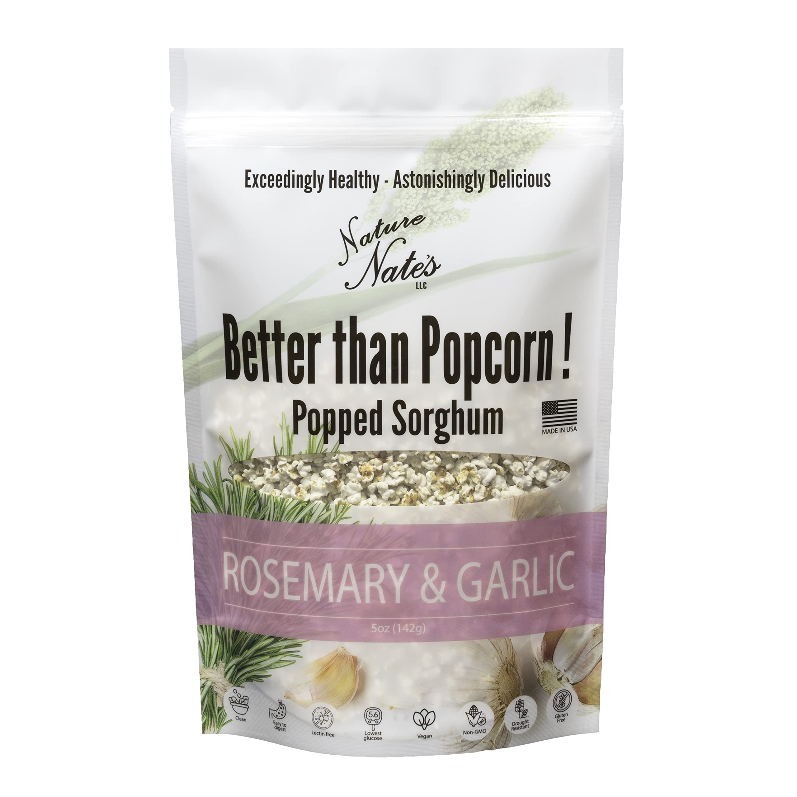 Nature Nates, Popped Sorghum, Popcorn Alternative, Rosemary Garlic, 5 Ounce, Vegan, Gluten Free, Dairy Free, Healthy Snacks, Celiac-Friendly, Single Bag