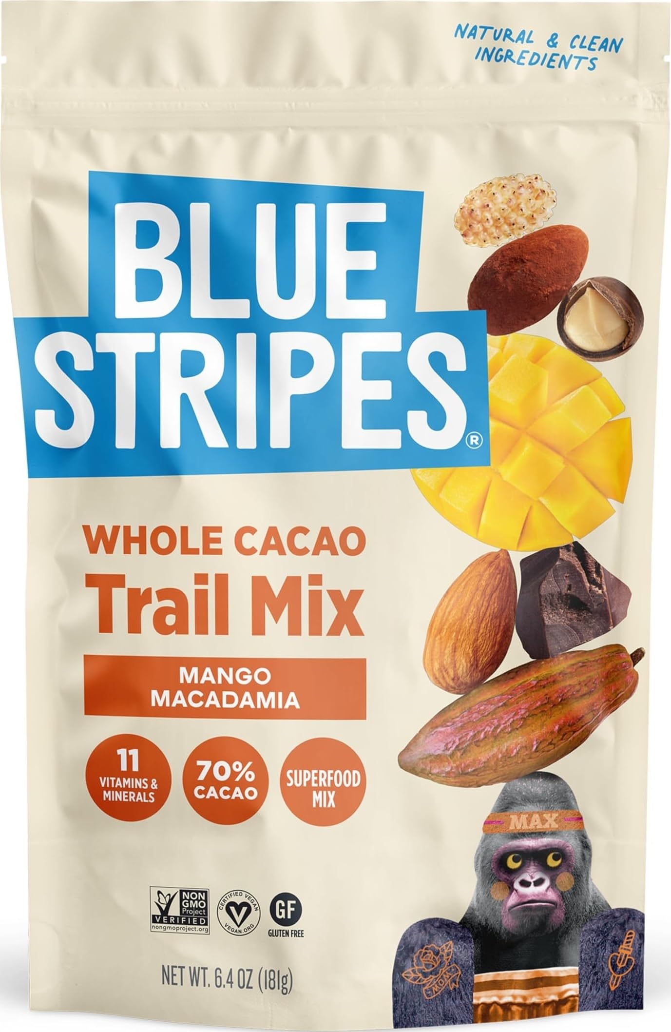 Blue Stripes - Trail Mix, 70% Chocolate Chips, Almonds, Macadamia Nuts, Mango, Healthy Snacks for Adults, Whole 70% Cacao, With Unrefined Sugar, Non GMO, Gluten Free, Vegan, 6.4 oz