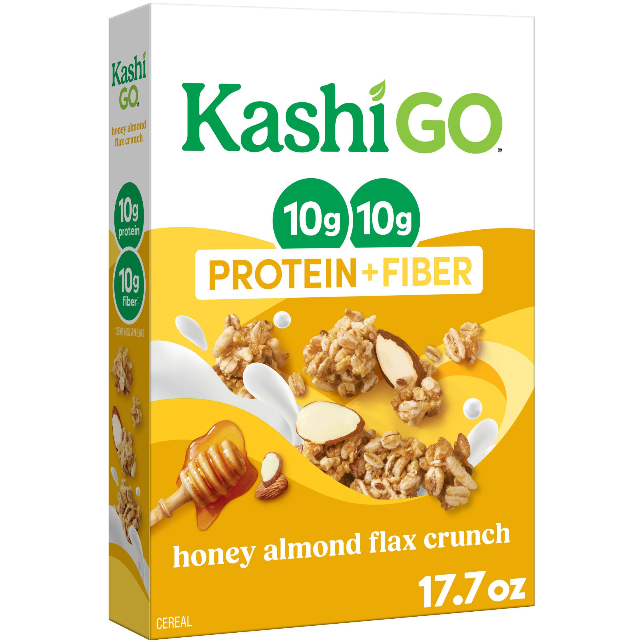 Kashi GO Protein Cereal, 10g Protein, 10g Fiber, Honey Almond Flax Crunch, 17.7oz Box (1 Box). | 10g Protein, 10g Fiber