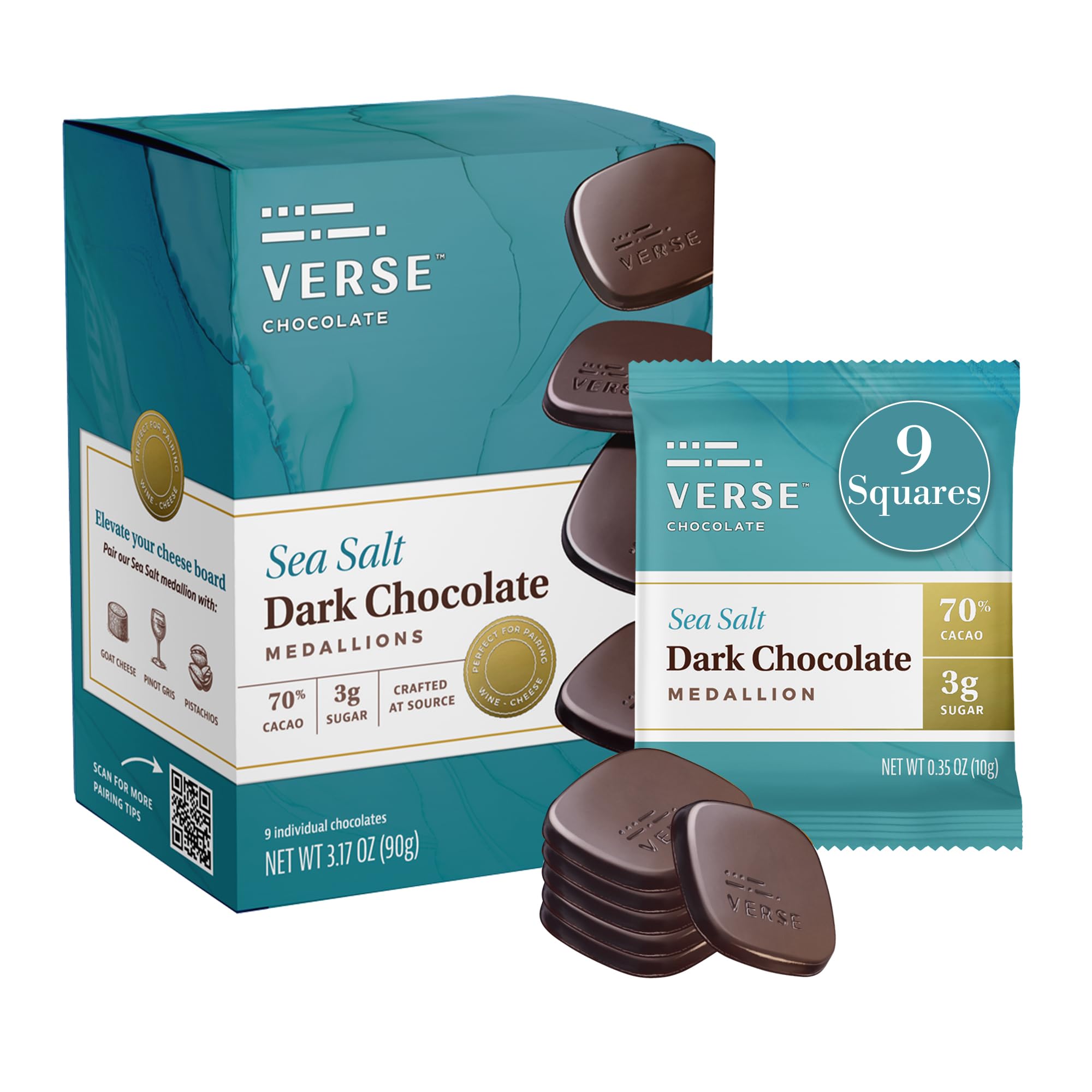 Verse Dark Chocolate Sea Salt Squares - Only 3g Cane Sugar - Creamy 70% Cocoa Dark Chocolate - Individually Wrapped Cacao Bar Squares (9 Count, 1 Pack)