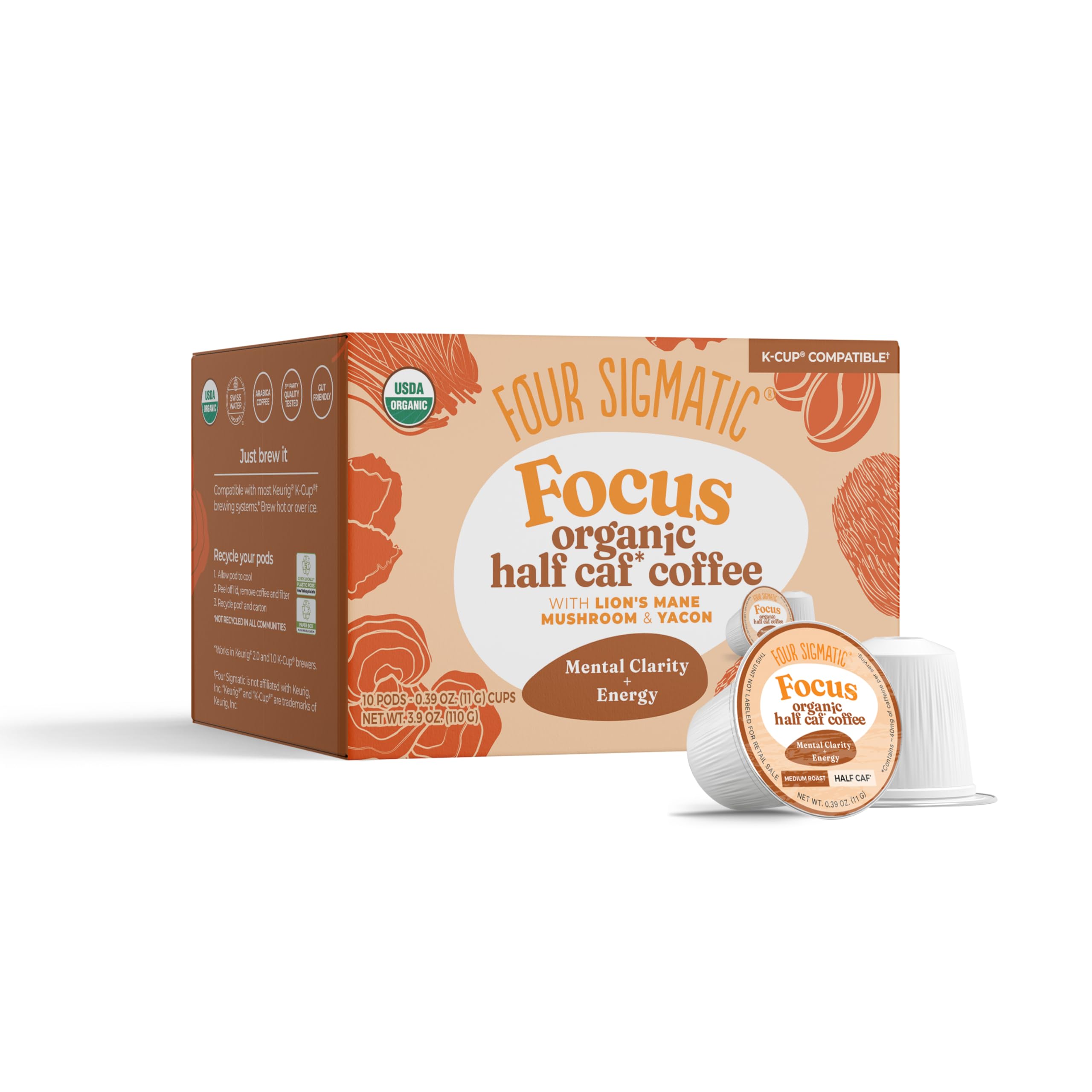 Four Sigmatic Focus Organic Half Caf Coffee Pods, 10 Count, Medium Roast Arabica with Lion's Mane Mushroom, Half Caffeine K-Cup Compatible Pods for Mental Focus & Smooth Energy