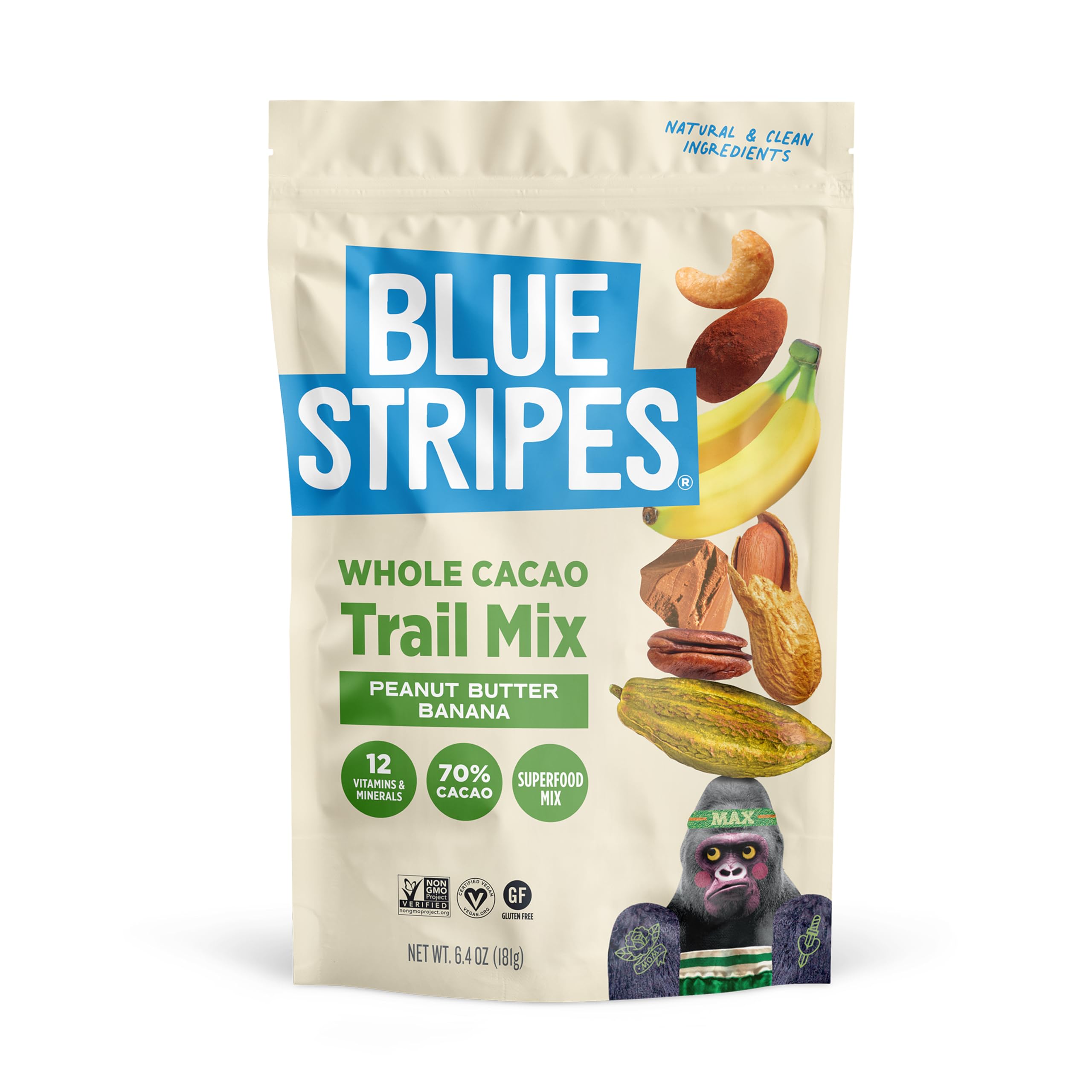 Blue Stripes - Trail Mix, Peanut Butter Banana, Cashews, Peanut Butter Chips, Healthy Snacks for Adults, Whole 70% Cacao, With Unrefined Sugar, Non GMO, Gluten Free, Vegan, 6.4 oz
