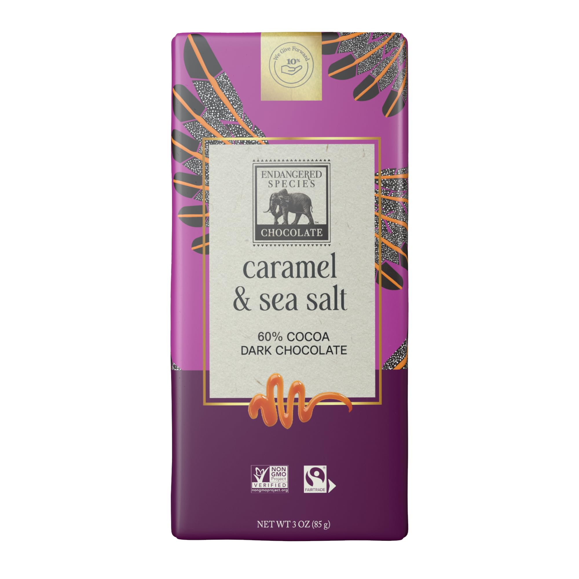 Endangered Species, Dark Chocolate Sea Salt Caramel Bar, 3 oz | Rich dark chocolate with caramel and sea salt for a perfect balance of sweet, salty, and bold cocoa.