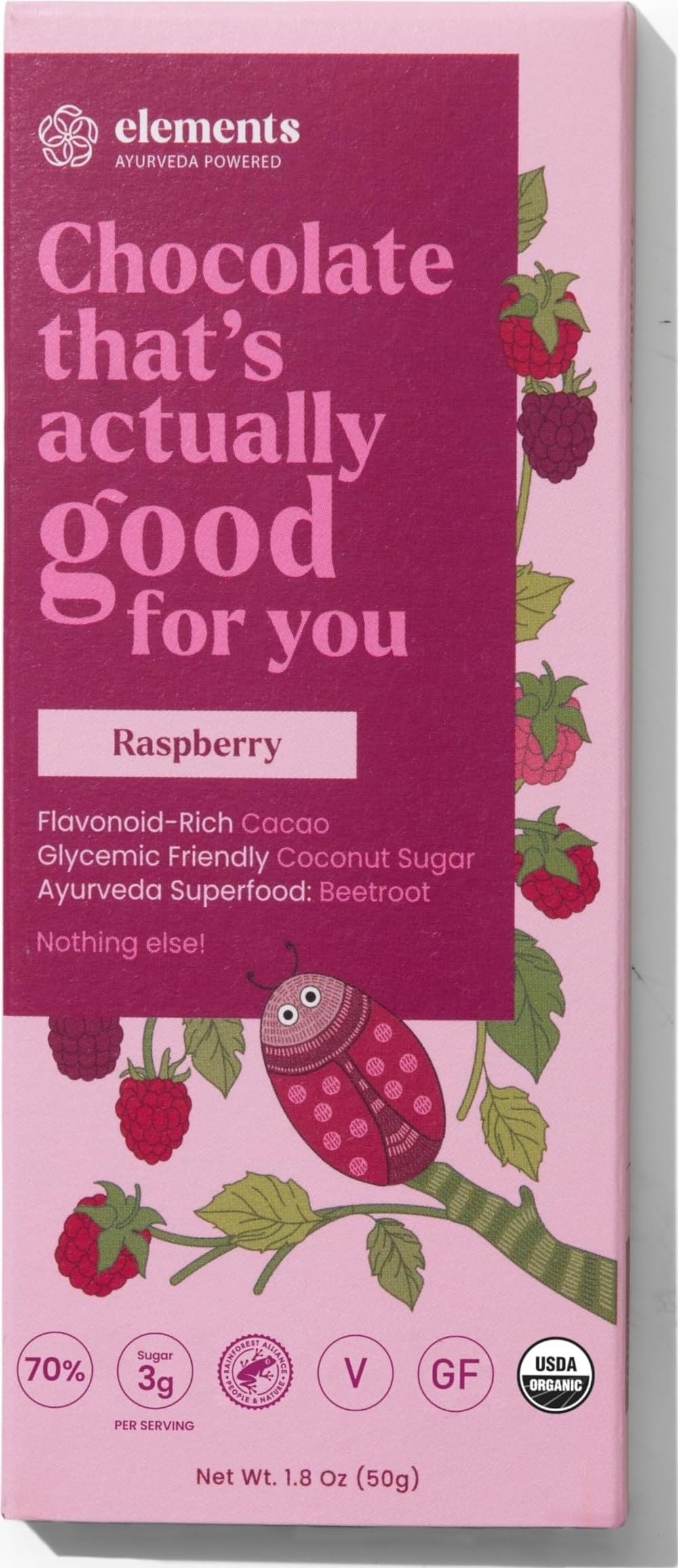 Elements Truffles Raspberry Flavoured Dark Chocolate Bar| Ayurvedic, Vegan & Gluten Free | No Refined Sugar & Artificial Flavours | Enriched with Cocoa, Coconut Sugar & Raspberry 50g