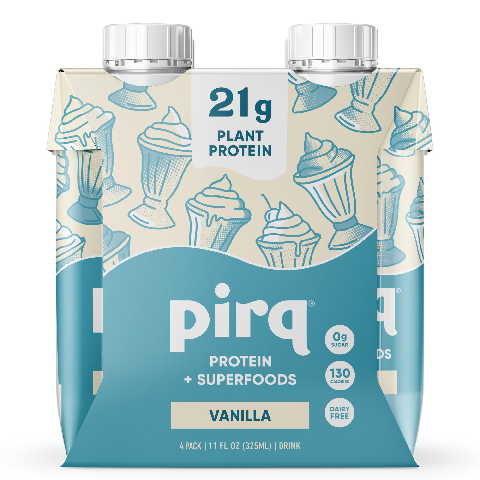 Pirq Plant-Based Protein Shakes | Vanilla 11 Fl Oz (Pack of 4) | Dairy-Free, Gluten-Free, Soy-Free, Zero Sugar