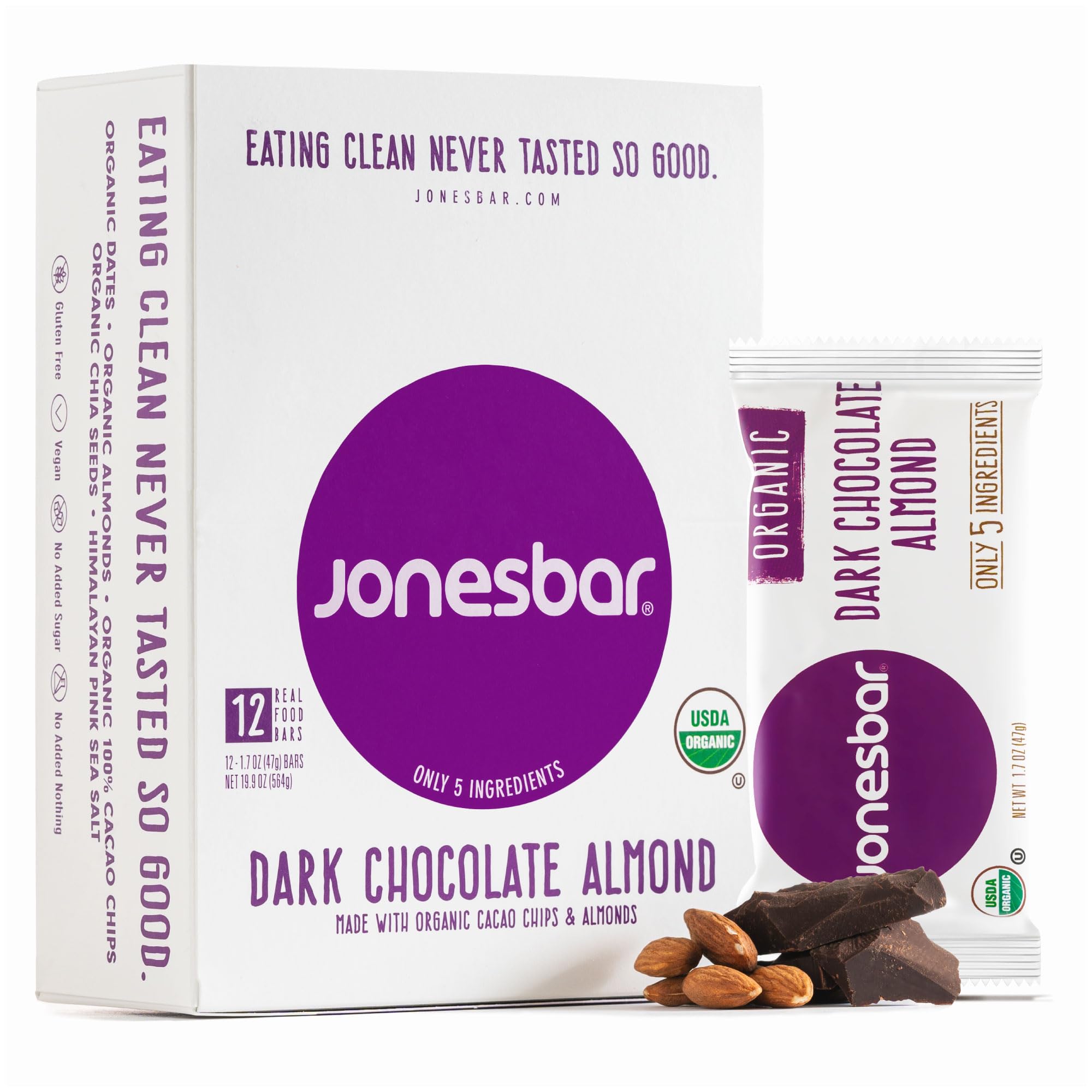 Jonesbar Organic Plant Based Protein Bars | Dark Chocolate Almond, 12 Bars | Healthy Gluten Free Snacks, Vegan, Kosher, 4g Protein, No Added Sugar, No Oils, Nothing Artificial, Only 5 Ingredients