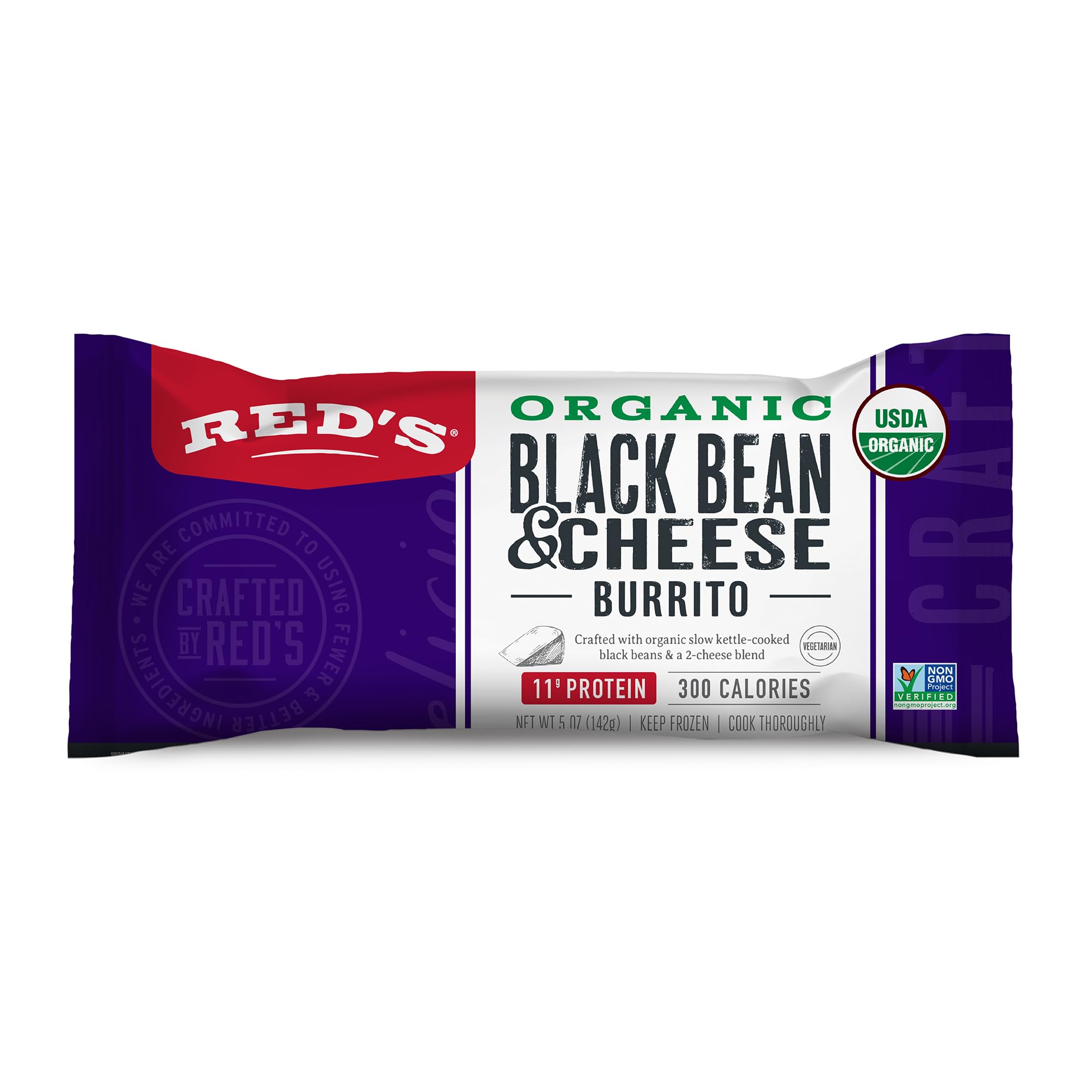 Red's Burrito, Organic Black Bean & Cheese - 10g Protein, Non-GMO, Vegetarian, 5g Fiber - Made with Black Beans, Brown Rice, Two Cheese Blend - 5 Ounce