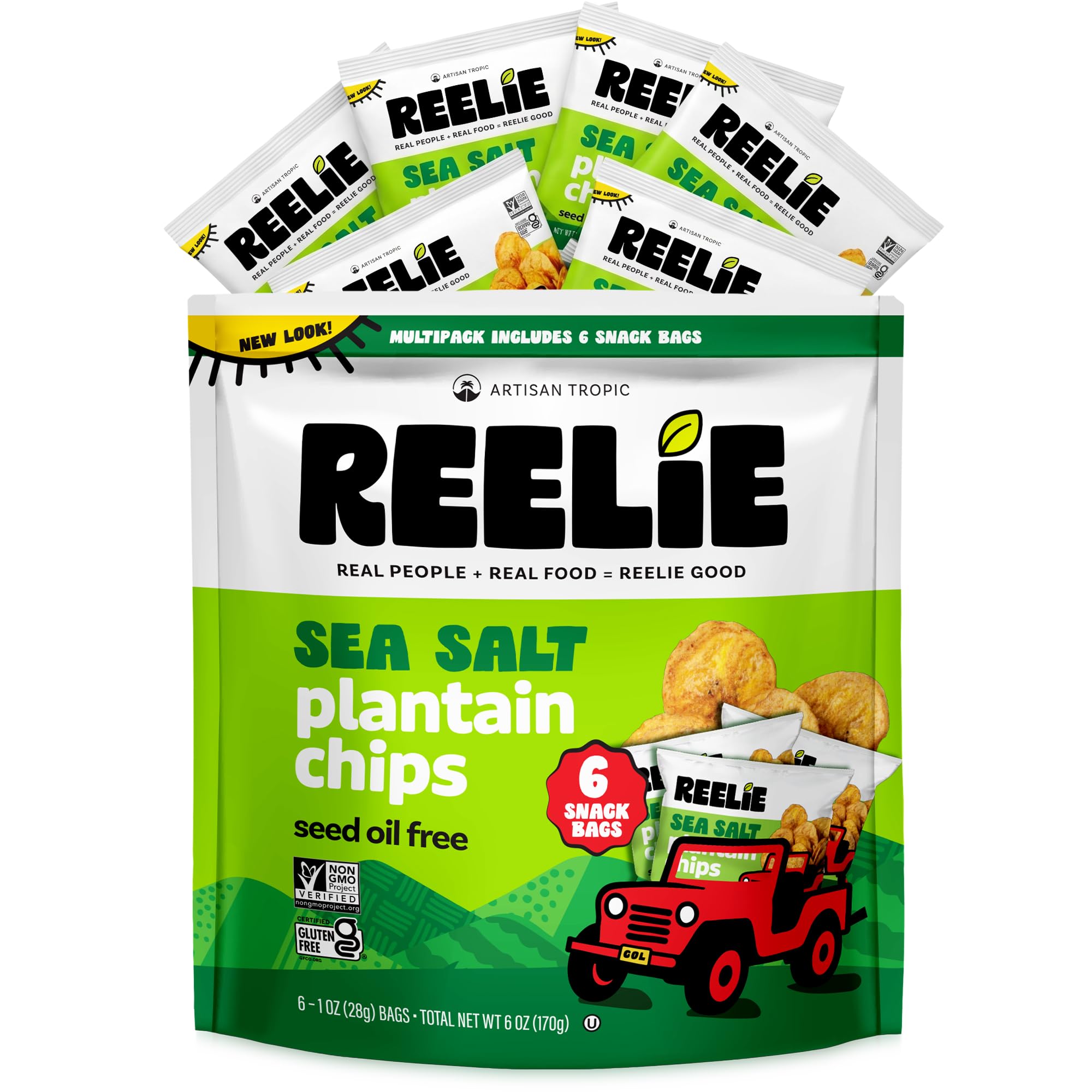Reelie Plantain Chips, Sea Salt, 6 Individual 1 oz Bags for Lunchboxes | 6-Pack in 1 Box Plantain Chips Individual Bags for Lunchboxes & Travel – Non-GMO, Glyphosate Residue Free, Seed Oil Free