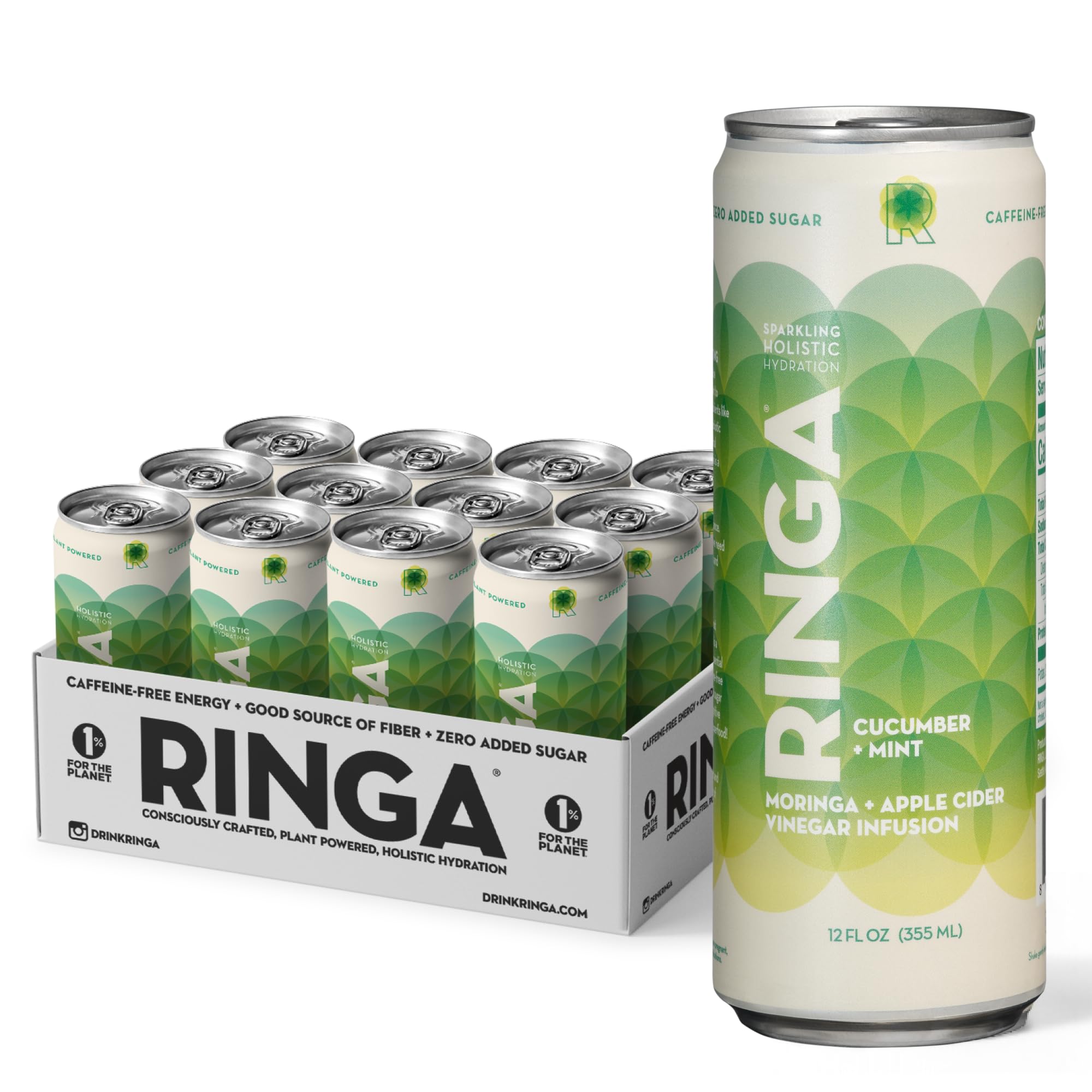 RINGA Cucumber Mint Sparkling Hydration Drink - Organic Moringa + Apple Cider Vinegar with 3g Prebiotic Fiber - No Added Sugar, No Artificial or Natural Flavors - Gut Health & Clean Hydration - 12oz Cans (12 Pack)