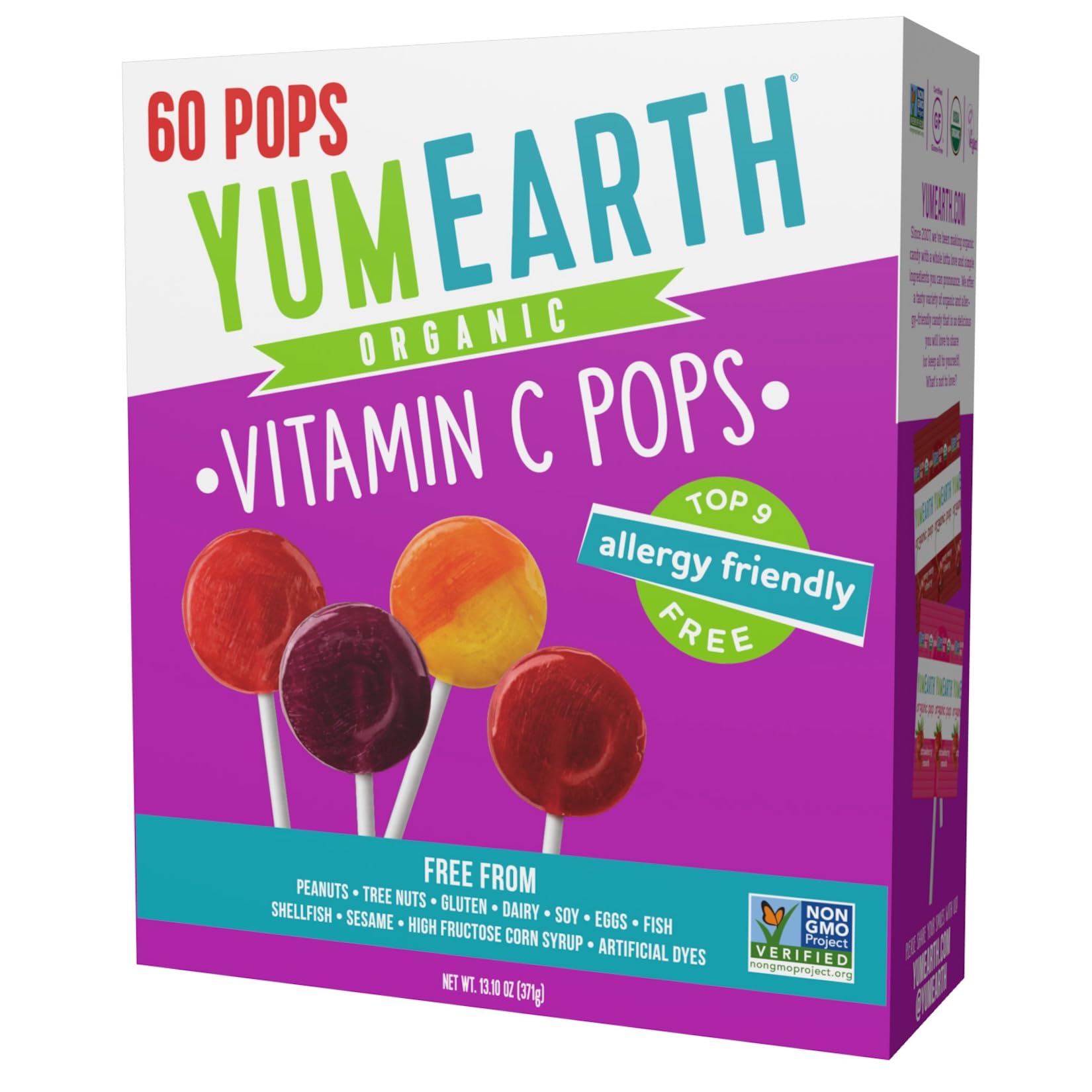 YumEarth Organic Vitamin C Pops, Fruit Flavored Lollipops, 60 Count | Variety Pack, Allergy Friendly, Gluten Free, Non-GMO, Vegan, Dye Free