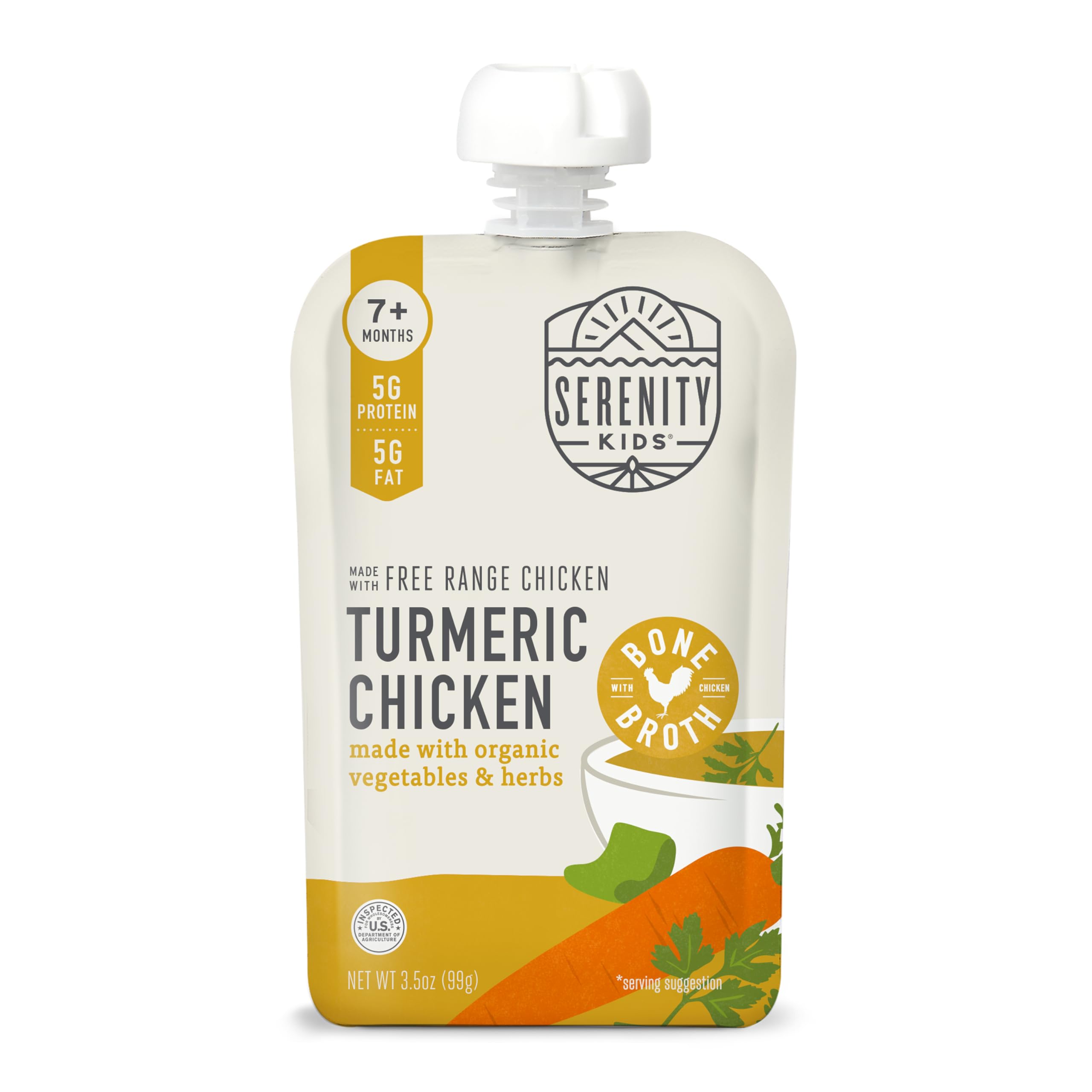 Serenity Kids Bone Broth Puree Made With Organic Veggies | Clean Label Project Purity Award Certified | 3.5 Ounce BPA-Free Pouch | Free Range Turmeric Chicken | 1 Count