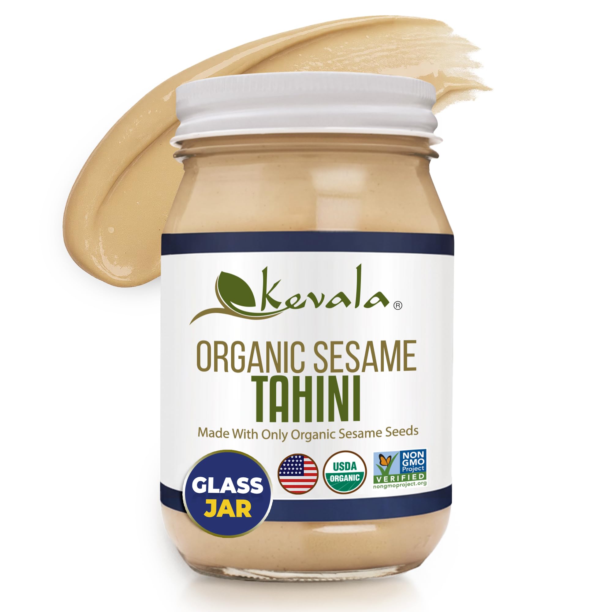 Kevala Organic Sesame Tahini | Smooth Hulled Sesame Paste | 16 oz | Non-GMO & kosher certified, pure sesame flavor ideal for spreads, sauces & cooking