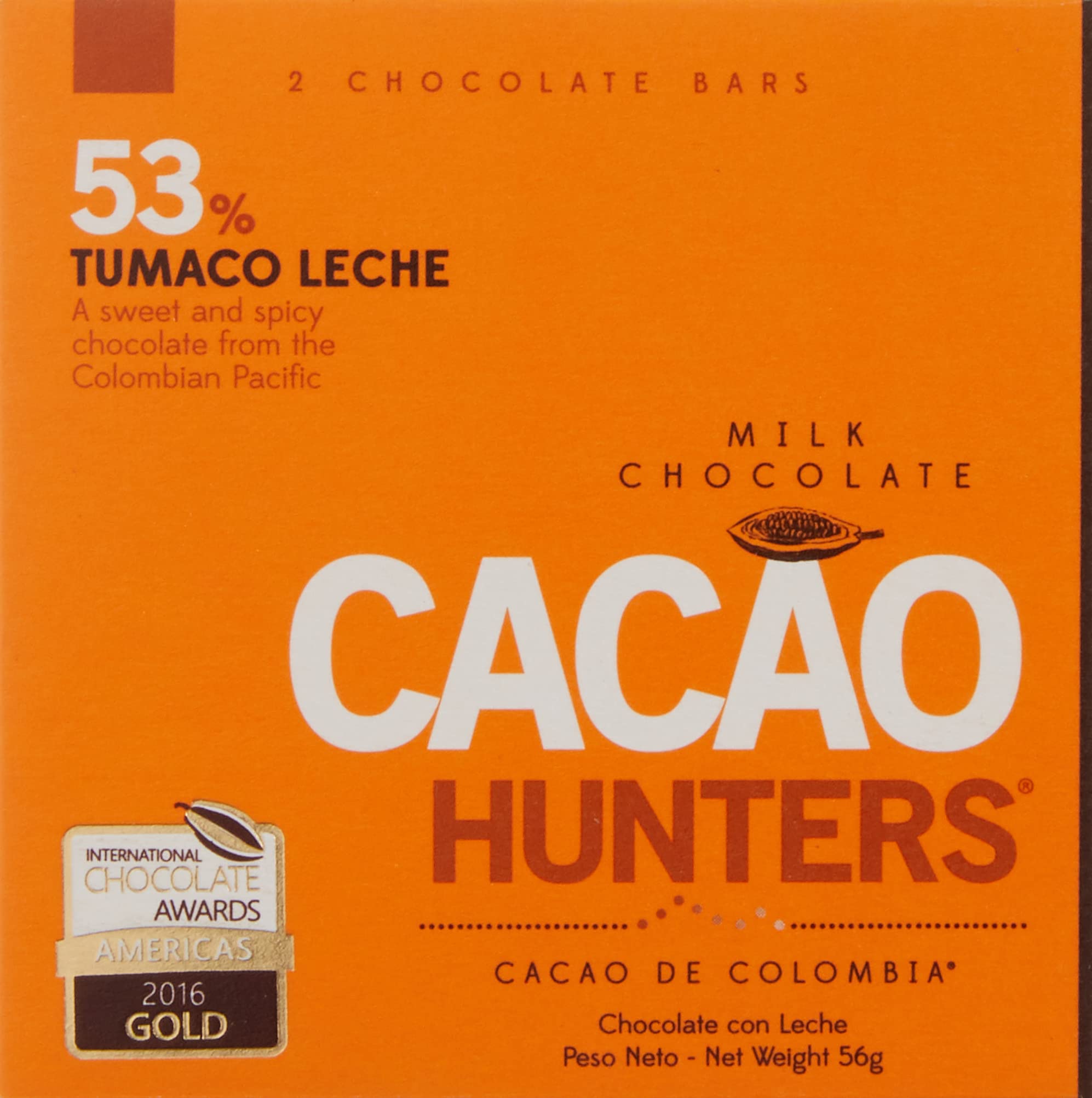 Cacao Hunters Diptico Tumaco 53% Chocolate Bar, 2 OZ