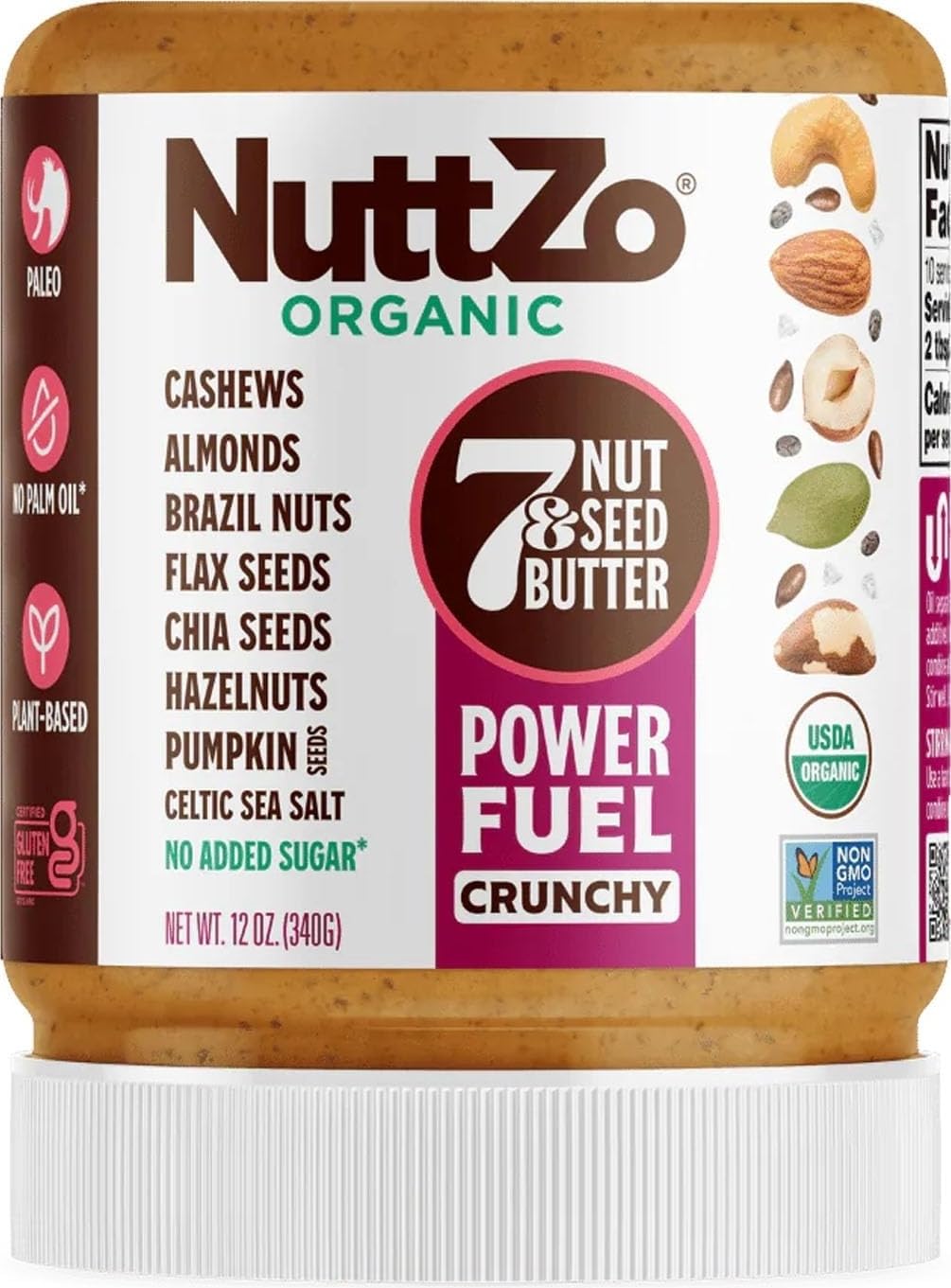NuttZo Organic Paleo Power Fuel Crunchy 7-Nut-and-Seed Butter, 12 oz | Organic crunchy blend made without peanuts; gluten-free, vegan and kosher with 6 g protein; Paleo and keto-friendly