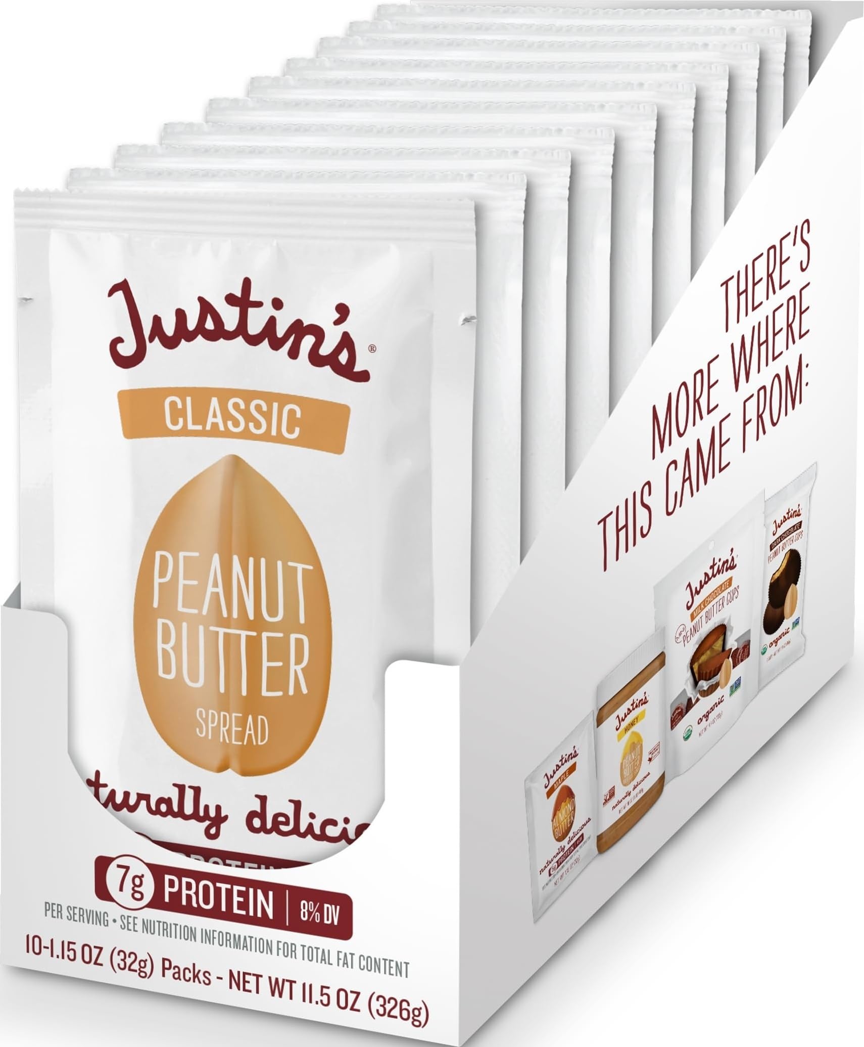 Justin's Classic Peanut Butter Squeeze Packs, Only Two Ingredients, Gluten-free, Non-GMO, Responsibly Sourced, 10 Pack (1.15oz each)
