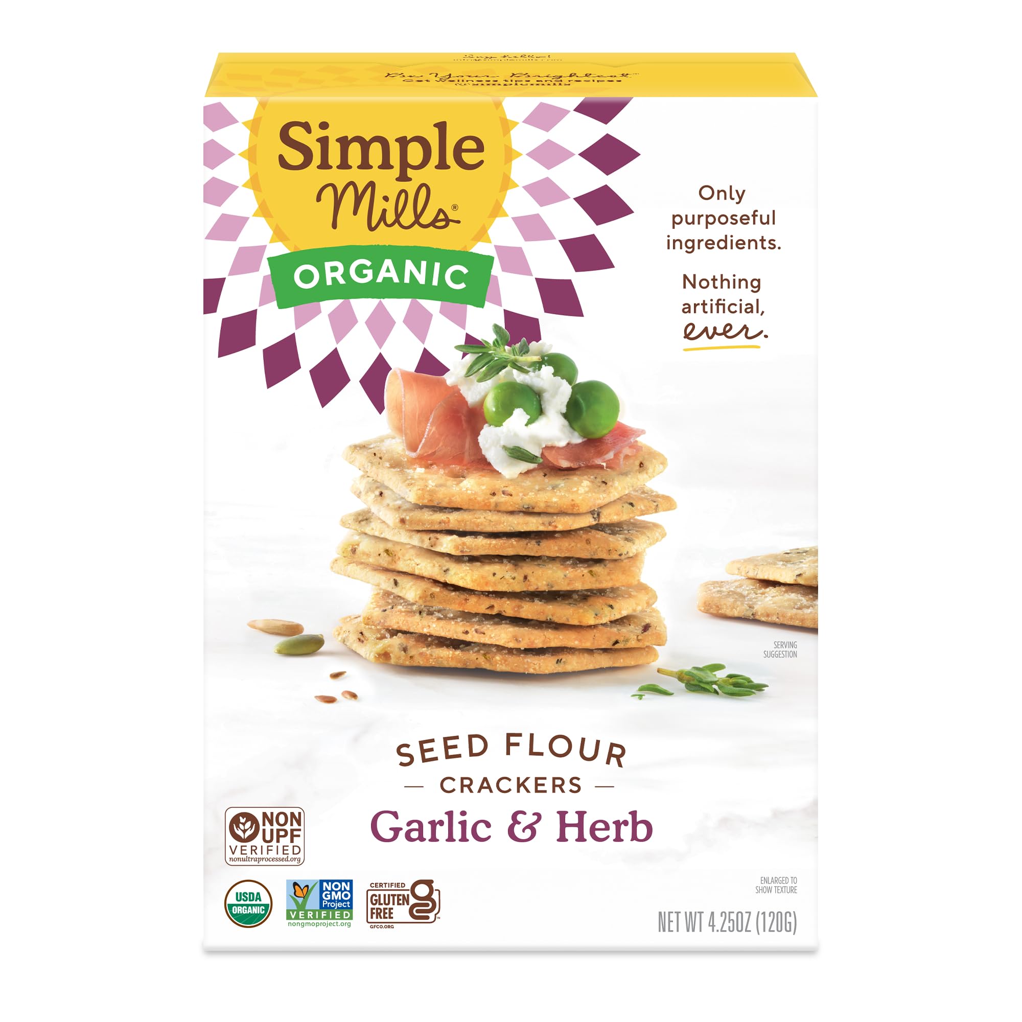 Simple Mills Organic Seed Crackers, Garlic & Herb, Gluten Free, Flax Seed, Sunflower Seeds, Corn Free, Low-Calorie Snacks, Plant Based, Nutrient Dense, 4.25oz, Pack of 1