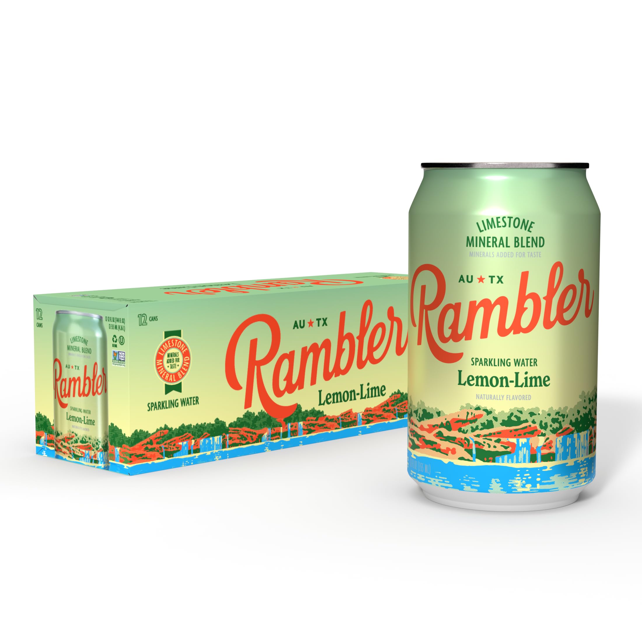 AUTX RAMBLER Lemon-Lime Sparkling Water, 12 Ounce (Pack of 12) | Texas Limestone Mineral Blend, Calcium, Magnesium & Potassium, Crisp Carbonation, Nothing Artificial, No Sugar or Sodium