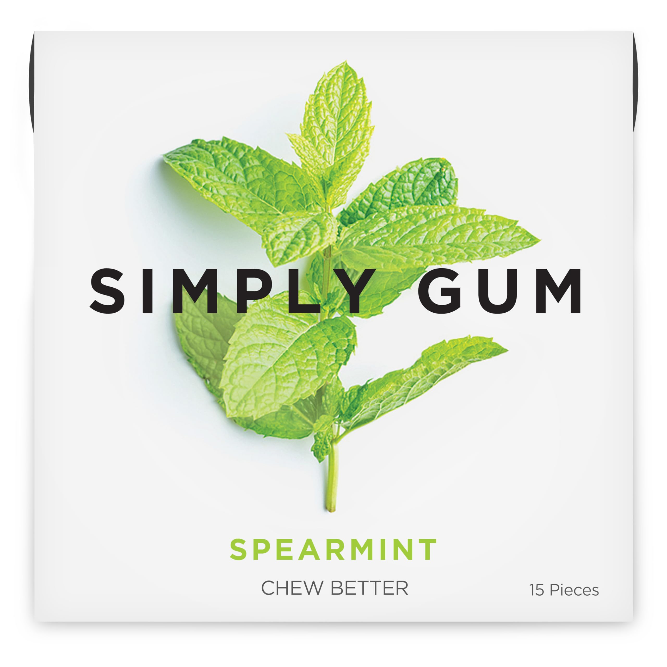 SIMPLY Gum Spearmint, Plastic-Free Natural Chewing Gum, Pack of One (15 Pieces Total) | Vegan, Kosher, Non GMO, Aspartame Free and Sorbitol Free