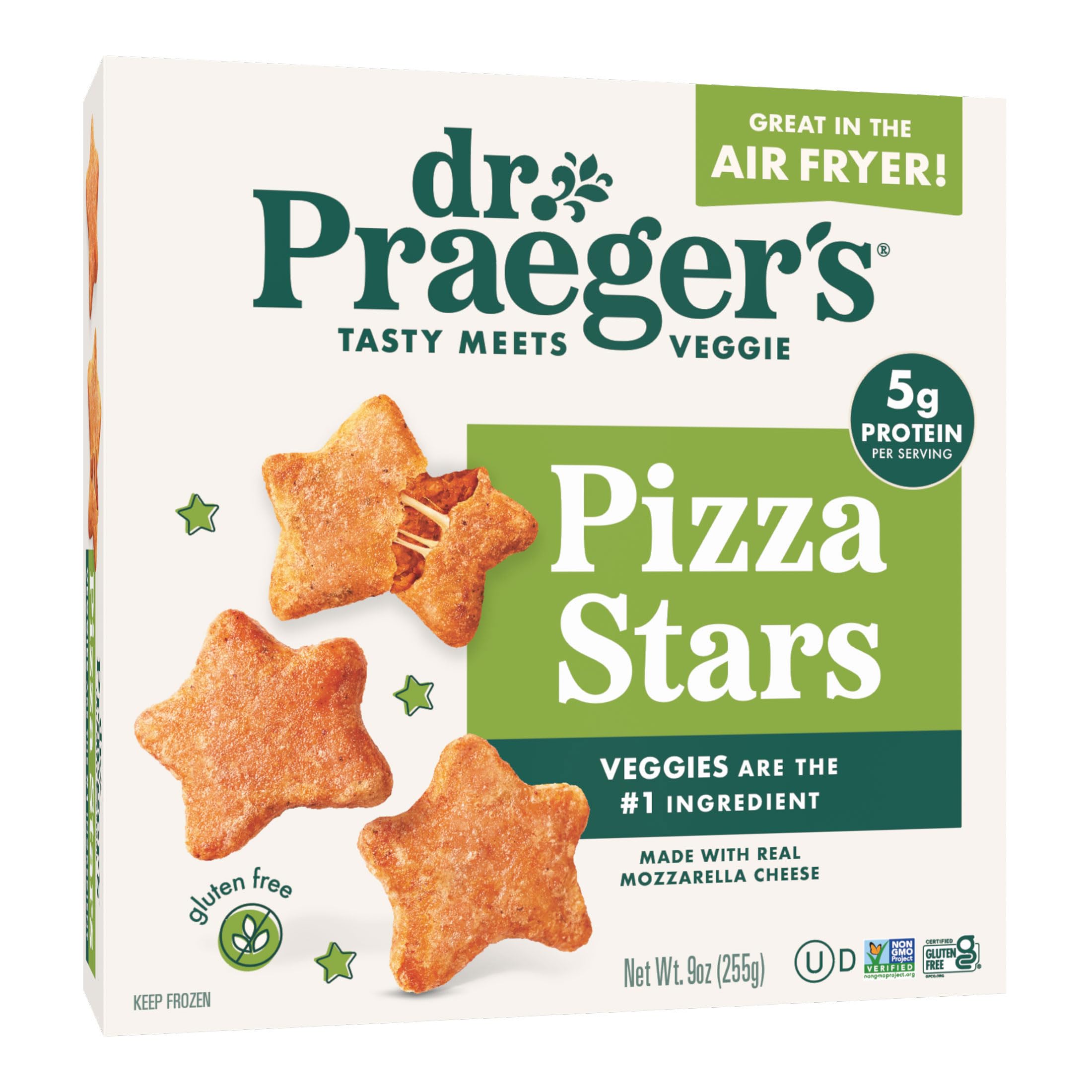 Dr. Praeger's Pizza Stars, 5g Protein, 9 oz | Pizza-flavored veggie snacks with real mozzarella, 5g protein per serving and fun star shapes; air fryer ready