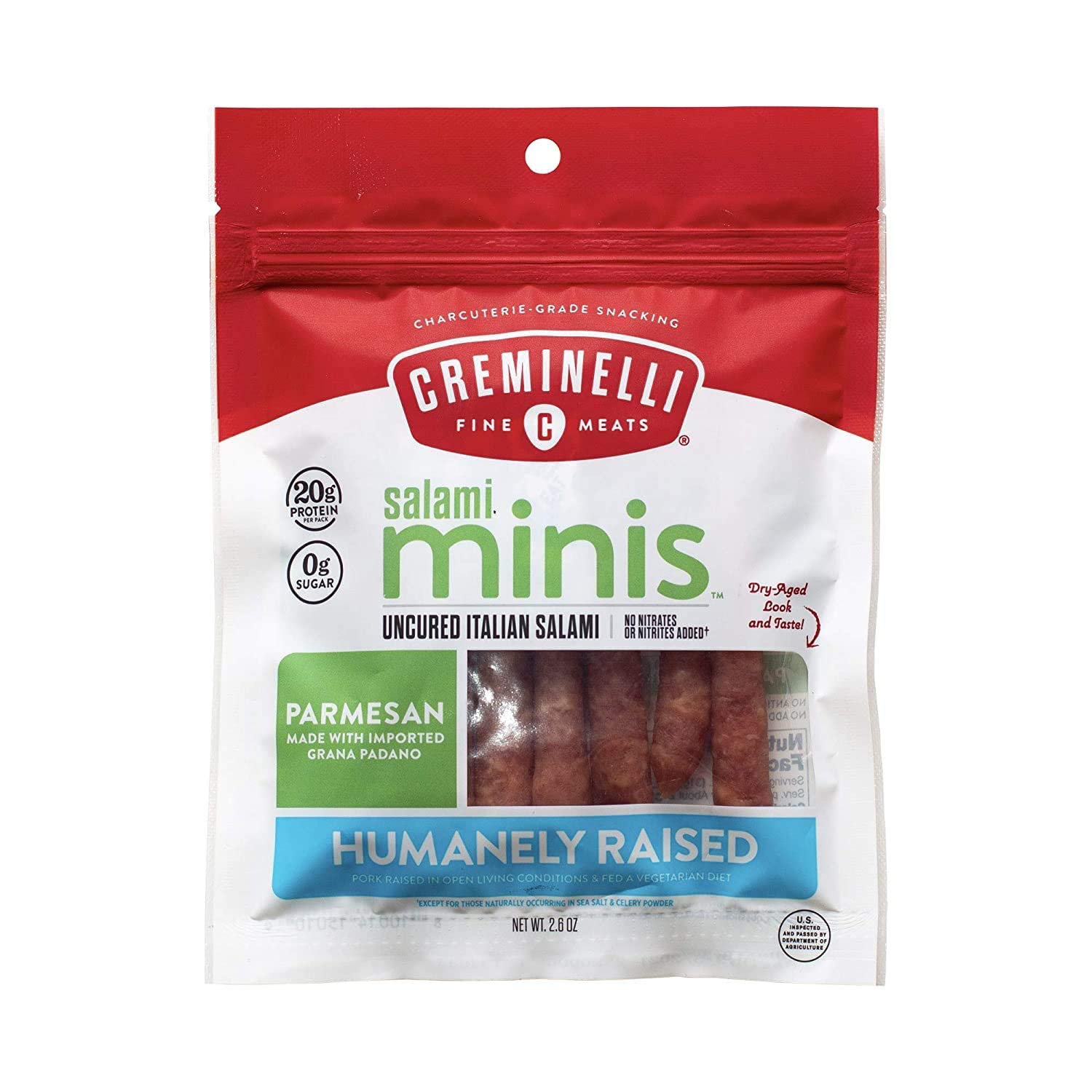 Creminelli Parmesan Salami Minis, (1 count 2.6oz), Humanely Raised Pork*, No Added Nitrates or Nitrites, No Artificial Ingredients, Gluten Free, Keto & Paleo Snacks, 20g Protein Per Pouch, 0g Sugar**
