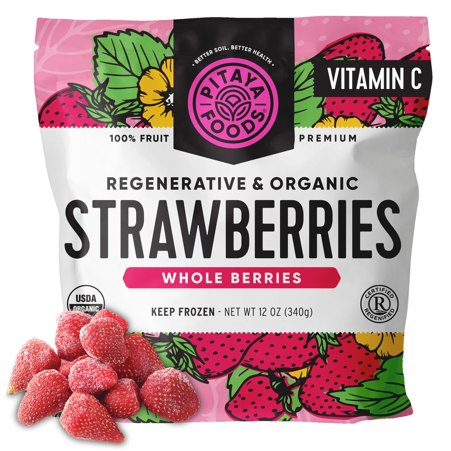 Pitaya Foods® Regenerative Organic Strawberries Whole Berries, Pre-Packaged Frozen Fruit, No Added Sugar or Preservatives, Good Source of Fiber, High in Vitamin C & Antioxidants, 100% Fruit, Non-GMO (12 oz Per Bag)