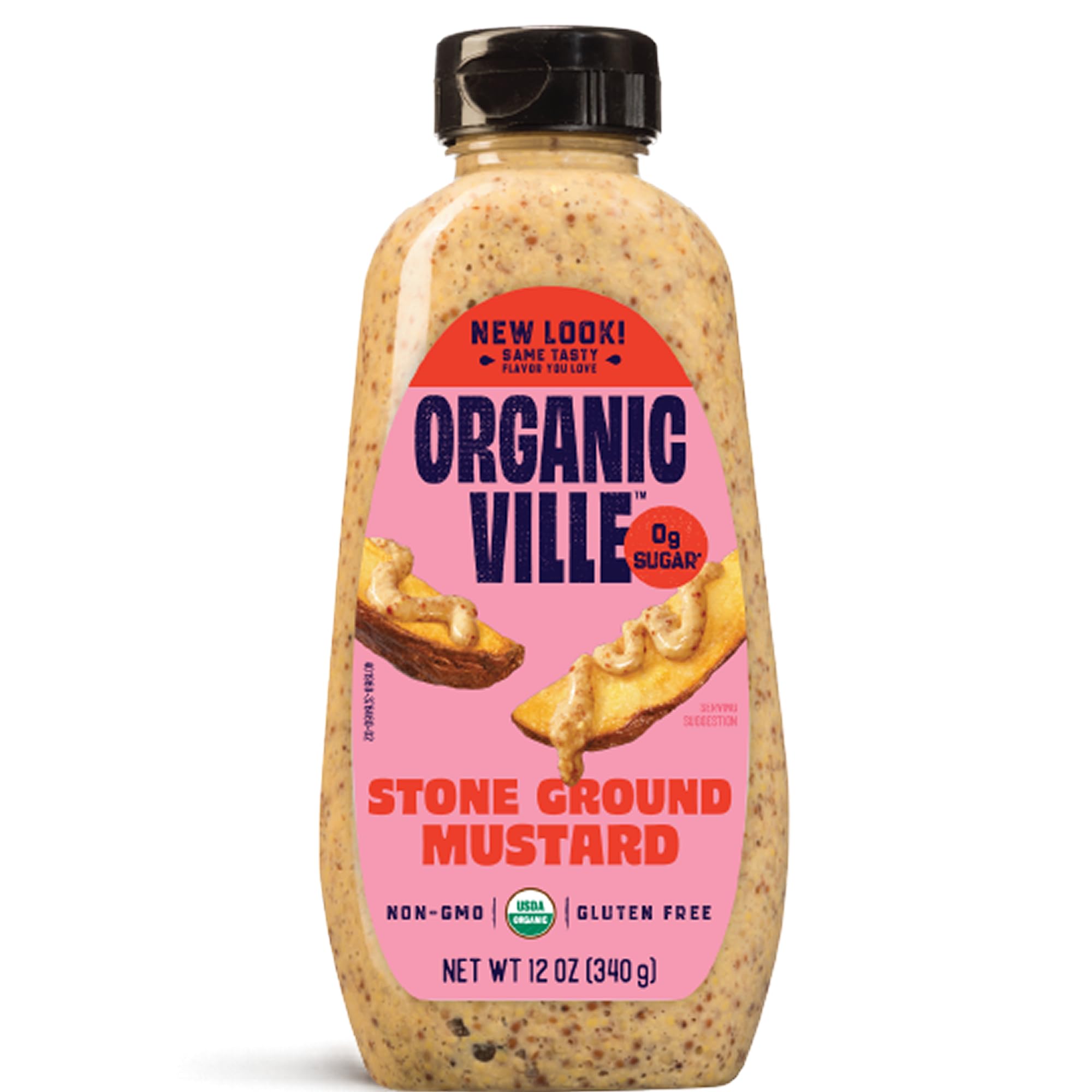 Organicville Stone Ground Mustard - Organic Mustard, 0g Added Sugar, Mustard Stone Ground Organic, Vegan, Gluten Free, USDA Organic, Non-GMO, Whole 30, Paleo, Keto-Friendly - 12 Oz