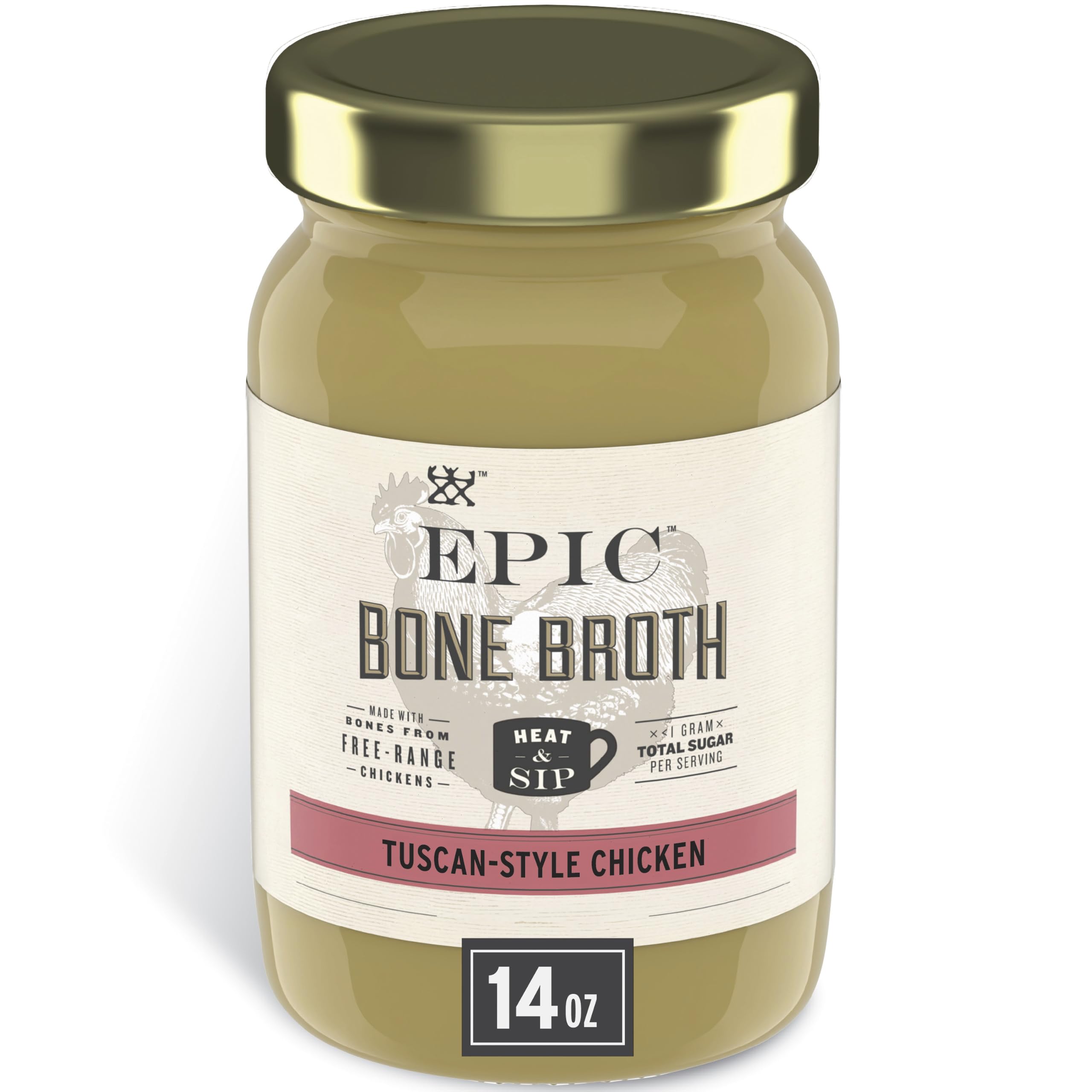 EPIC Provisions Tuscan Chicken Bone Broth, 14 oz | Bottled Fresh, Keto & Paleo Friendly, 12g Protein per Serving, 0g Carbs, Ready To Heat & Sip