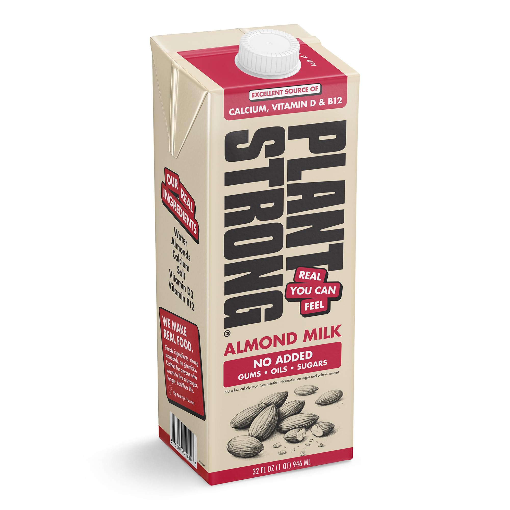 Plant Strong Unsweetened Almond Milk, 60% More Almonds, Gluten Free, 32oz | Creamy Plant-Based Milk, Calcium, Vitamins D & B12, No Added Gums, Oils or Sugar, Non-GMO, Gluten Free, Vegan, Whole Almonds