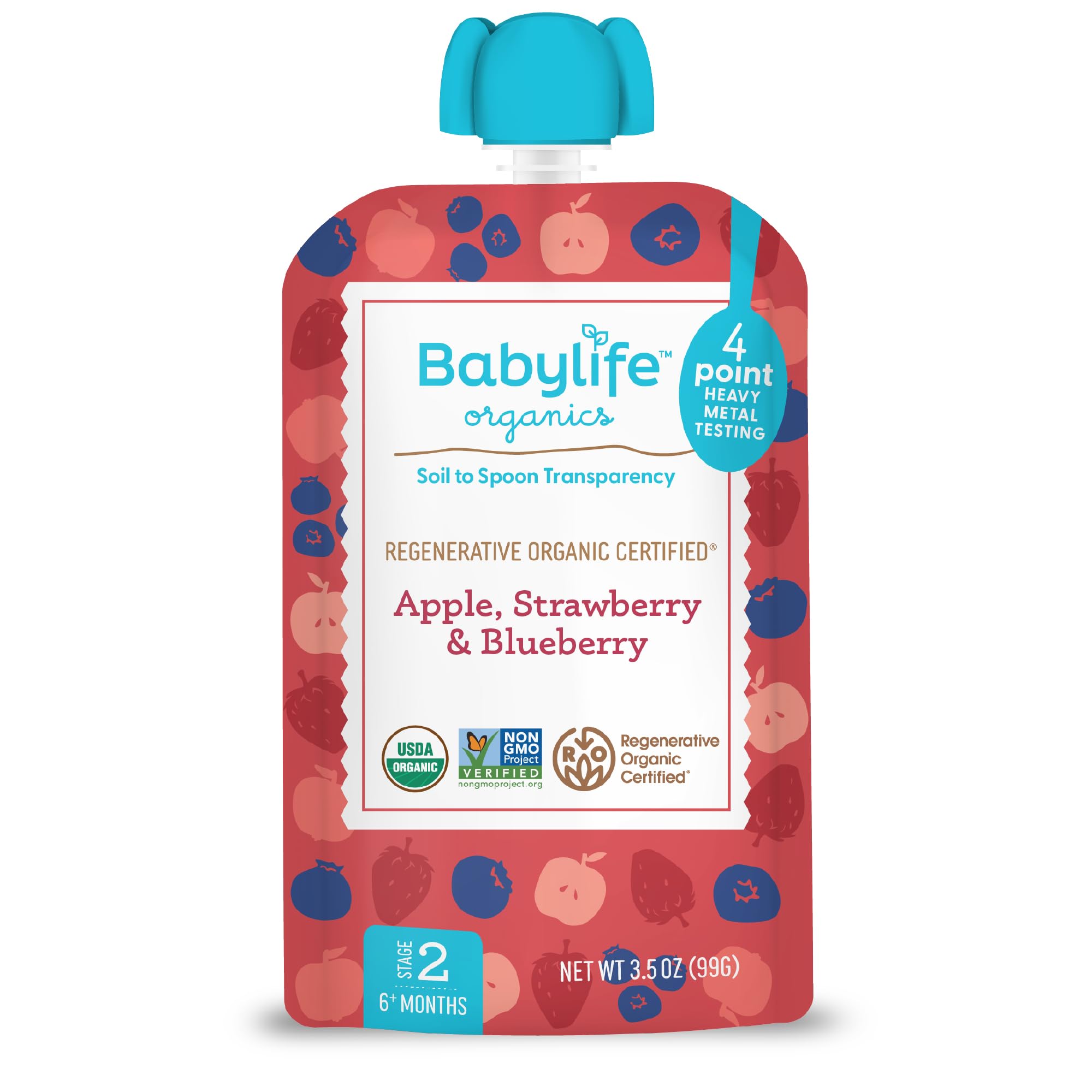 Babylife Organics Stage 2 - Apple, Strawberry & Blueberry, 3.5 Ounce Pouch (1 Pack) - Heavy Metal Safe, Organic Baby Food