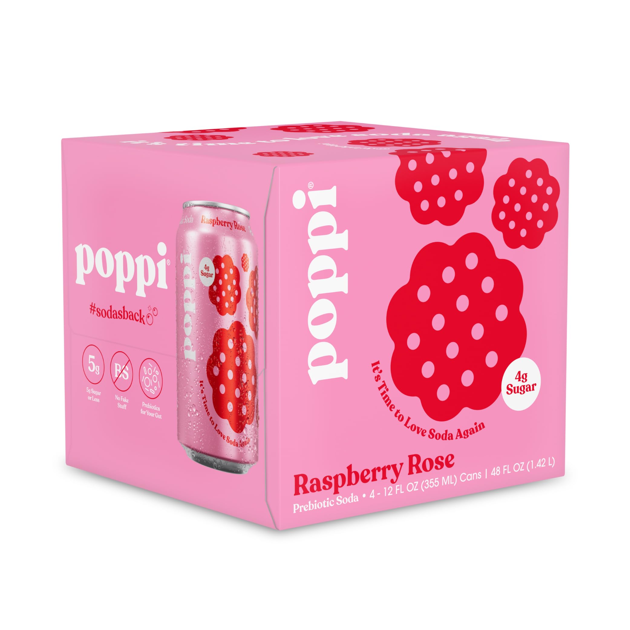 Poppi Raspberry Rose Prebiotic Soda 4PK, 12 FZ