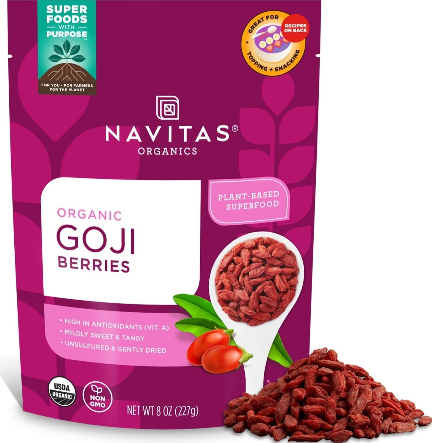 Navitas Organics Goji Berries – For Smoothies, Trail Mix, Baked Goods, Oatmeal & More – Vitamin A, Antioxidants, Fiber – Wolfberry - USDA Organic, Non GMO, Gluten Free, Vegan (8oz. Bag, 8 Servings)