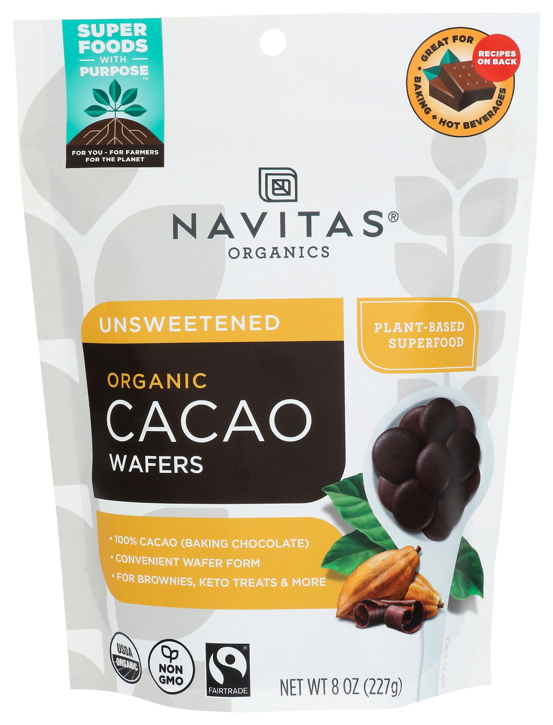 Navitas Organics Cacao Wafers – 100% Cocoa – Baking Chocolate For Hot Cocoa, Brownies, Cakes & More – Easy To Melt & Measure – USDA Organic, Fairtrade, Non GMO, Gluten Free (8oz. Bag, 17 Servings)