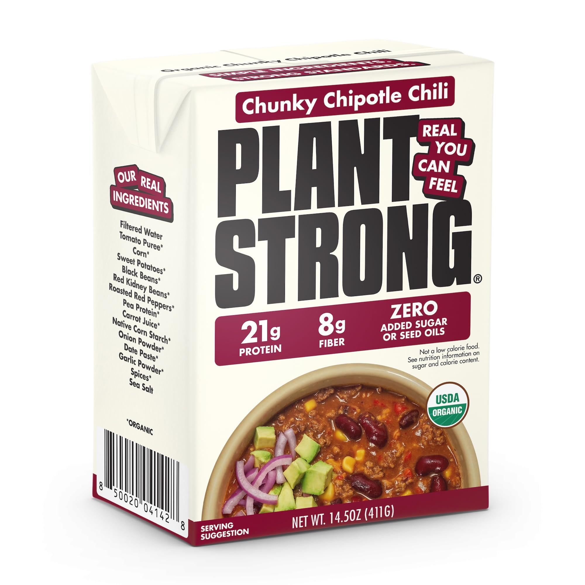 Plant Strong Organic Chunky Chipotle Chili, 14.5 oz | High Protein Vegan Chili with Black Beans & Sweet Potatoes, 21g Protein, USDA Organic, No Seed Oils, Ready-to-Eat Meal