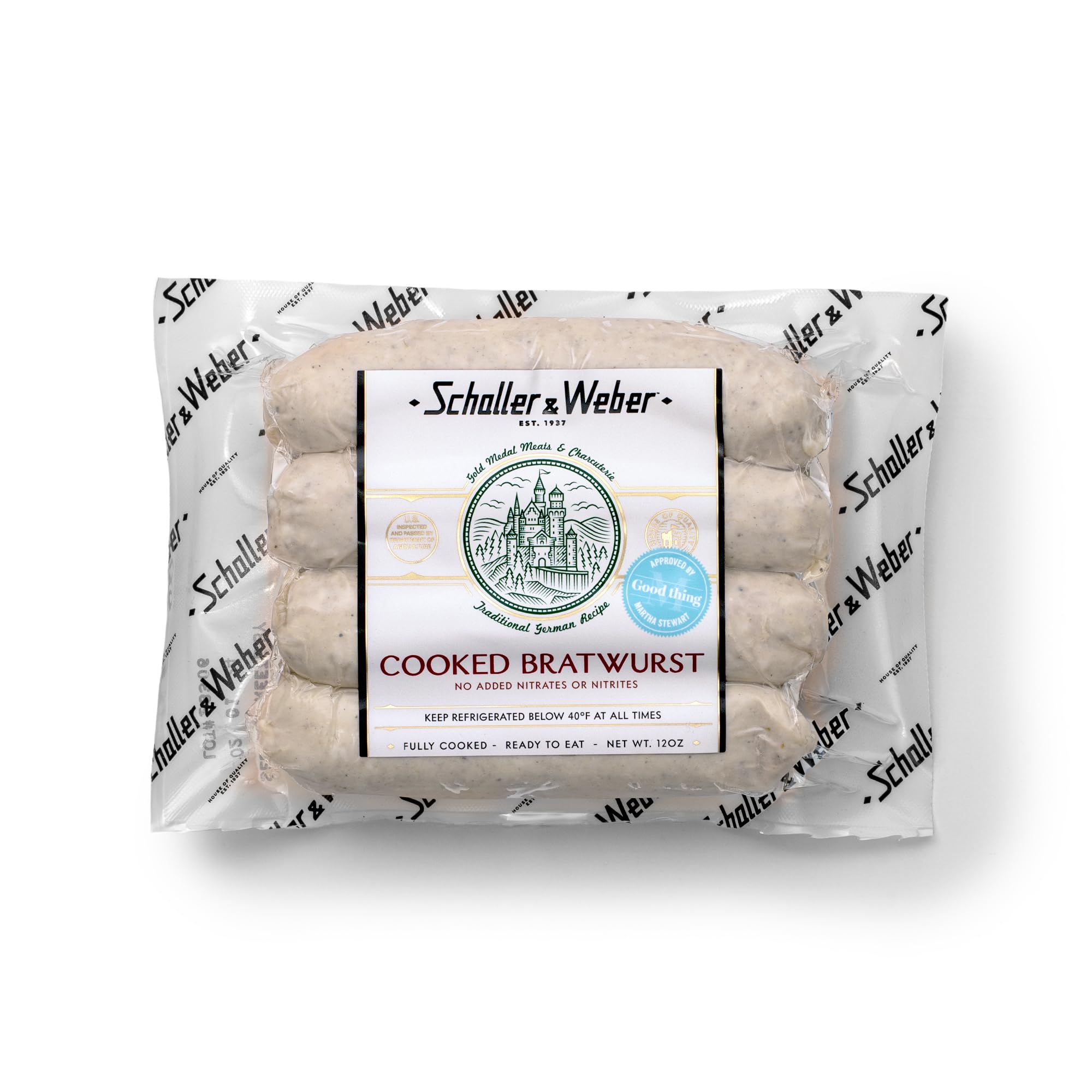 Schaller & Weber Cooked Bratwurst Traditional German Style Sausage Links Fully Cooked Ready to Eat Gluten Free 12 oz