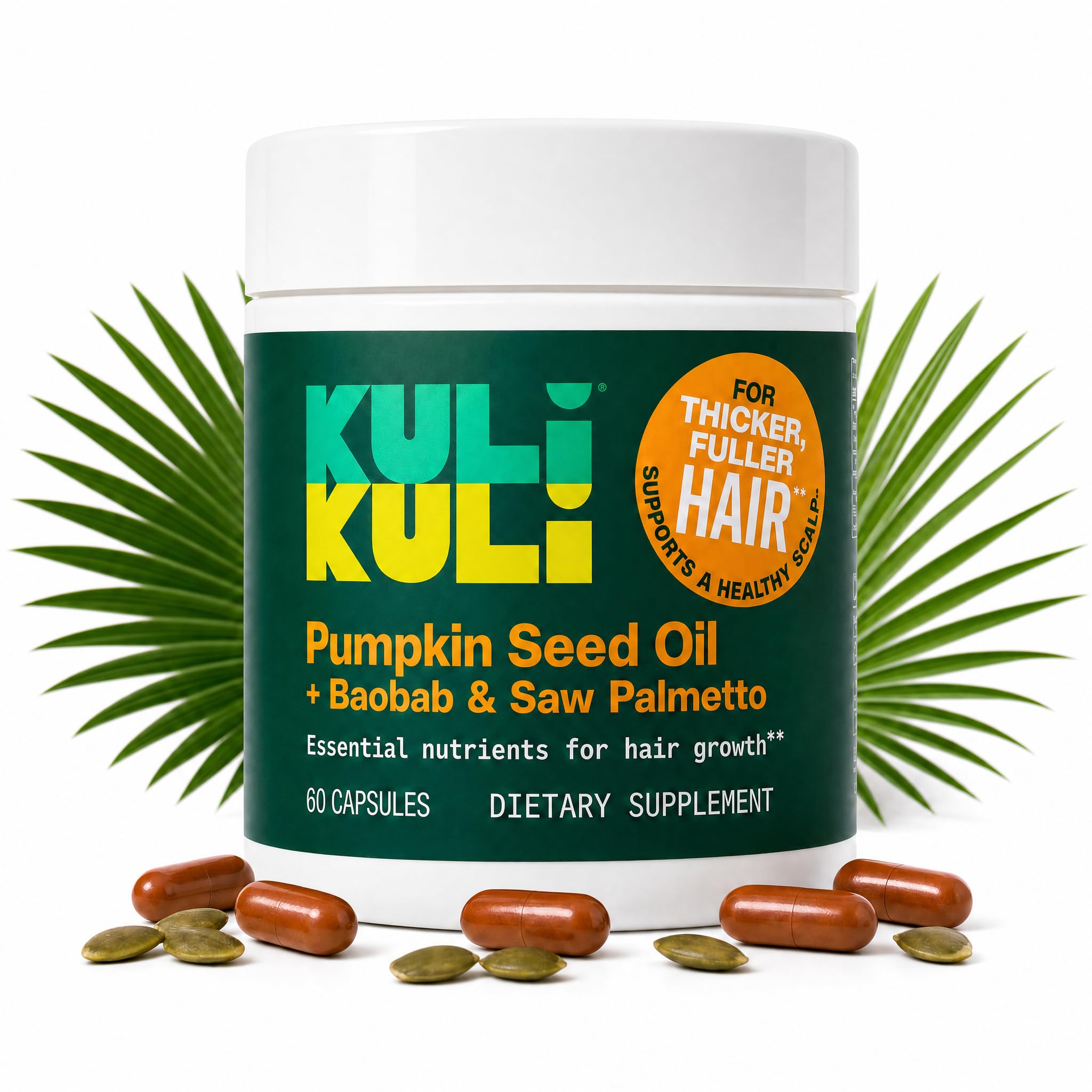 Kuli Kuli Pumpkin Seed Oil for Hair Growth Capsules with Saw Palmetto, 60ct | Baobab, DHT Blocker Supplement, Root Cause Support, Thicker Fuller Strands, 30-Day Supply, Cold-Pressed, Phytosterol-Rich