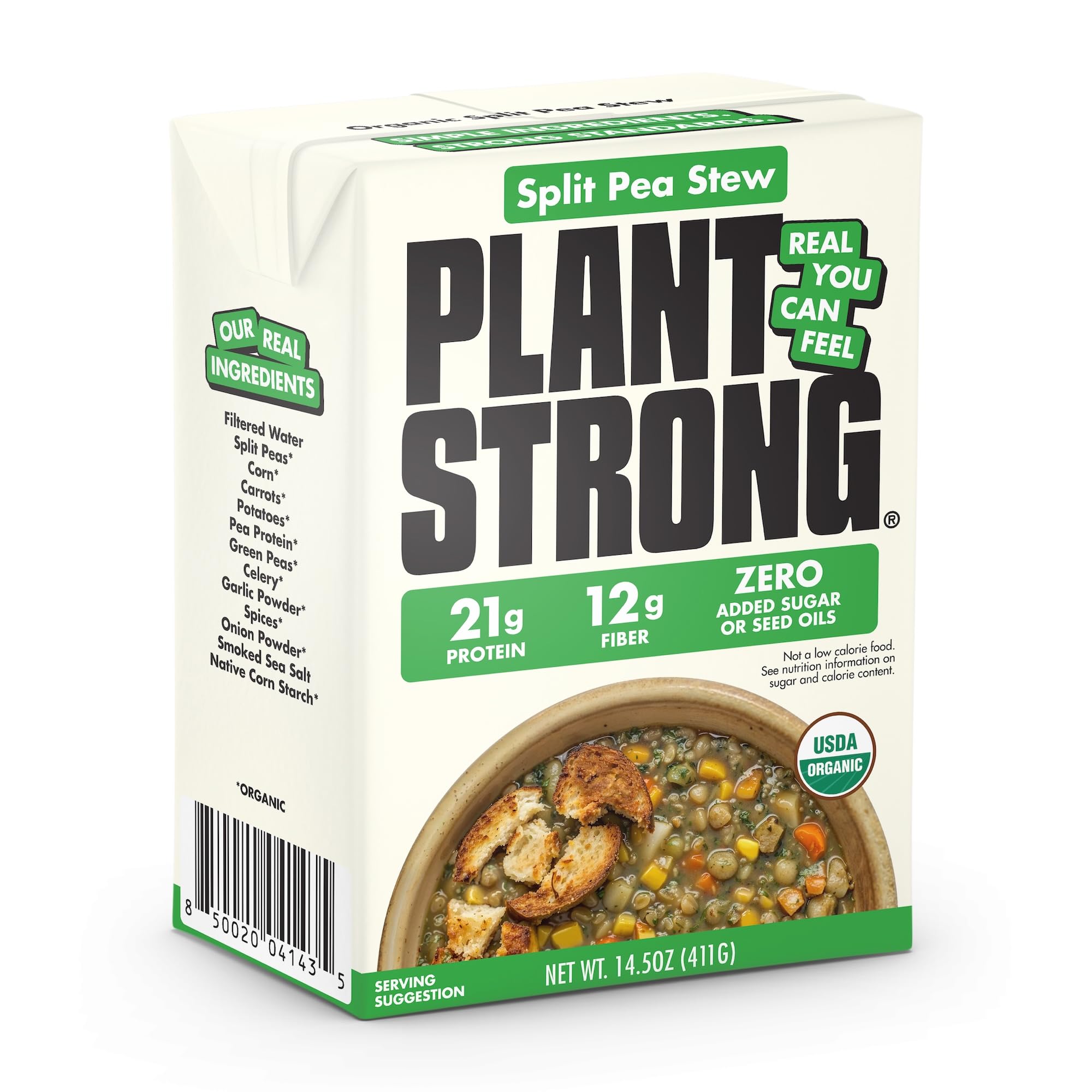 Plant Strong Organic Split Pea Stew, 14.5 oz | High Protein & High Fiber Vegan Stew, 21g Protein, 12g Fiber, USDA Organic, No Seed Oils, Ready-to-Eat Plant-Based Meal