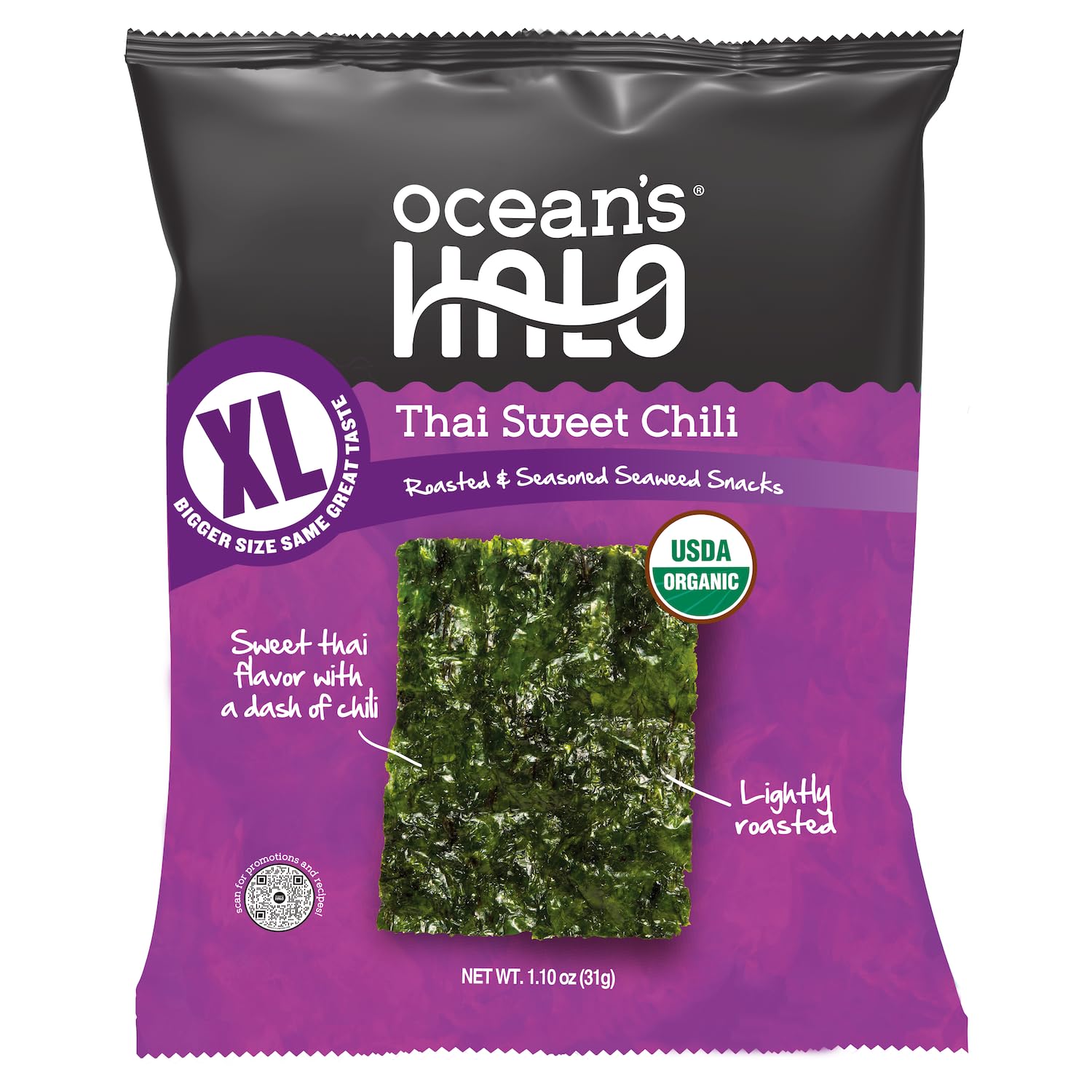 Ocean’s Halo Thai Sweet Chili XL Seaweed Snack, 1.4 Ounce | Larger roasted seaweed sheets with sweet chili flavor; crispy, savory, and easy for snacking or wrapping rice.
