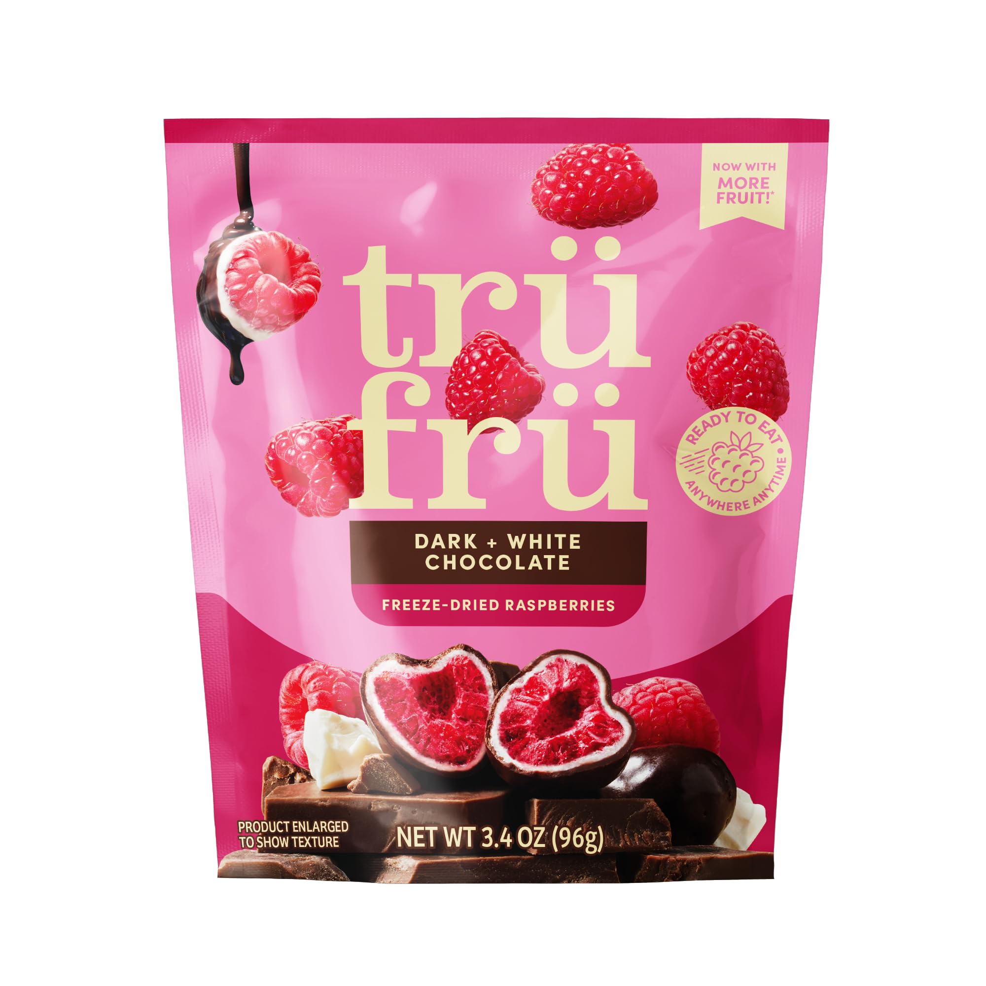 Tru Fru Freeze Dried Raspberries in Dark & White Chocolate, 3.4 Ounce Bag | Freeze-dried real fruit; gluten free; kosher; shelf stable, no freezer needed; 150 calories per 1 oz serving