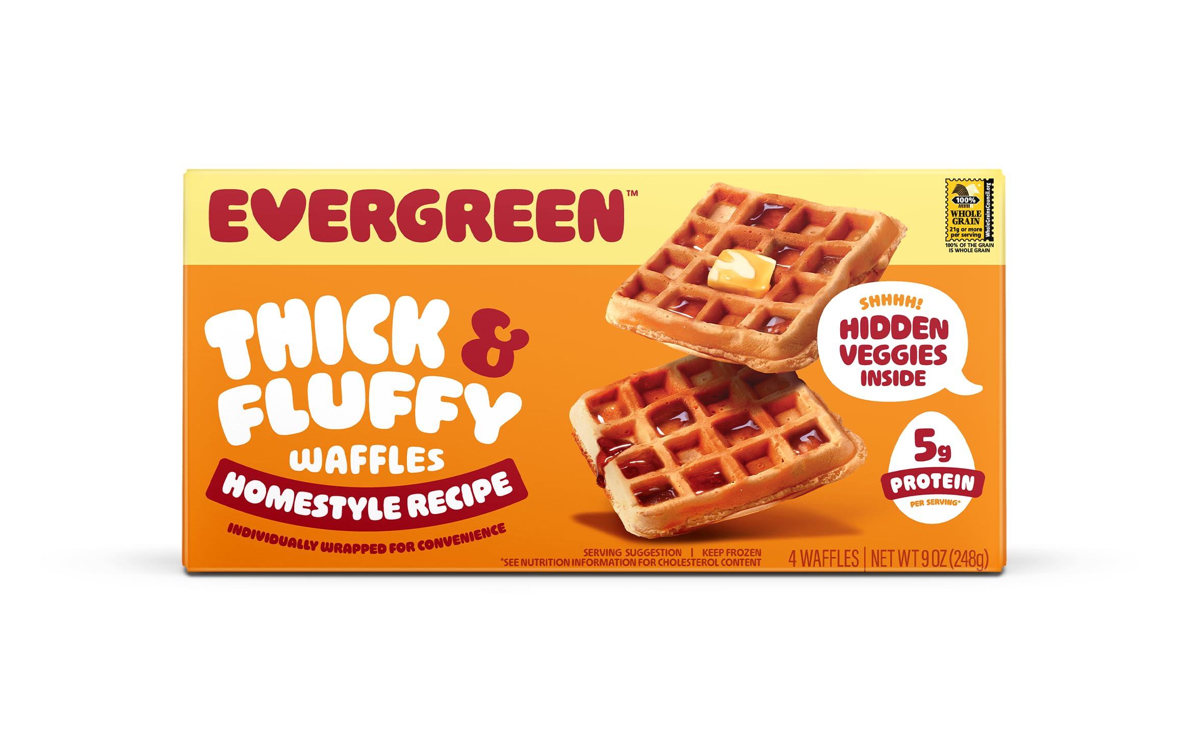 Evergreen Thick & Fluffy Waffles, Homestyle Recipe - Whole Grains, No Preservatives, Individually Wrapped, Air Fryer Ready, Frozen Breakfast, 9 oz