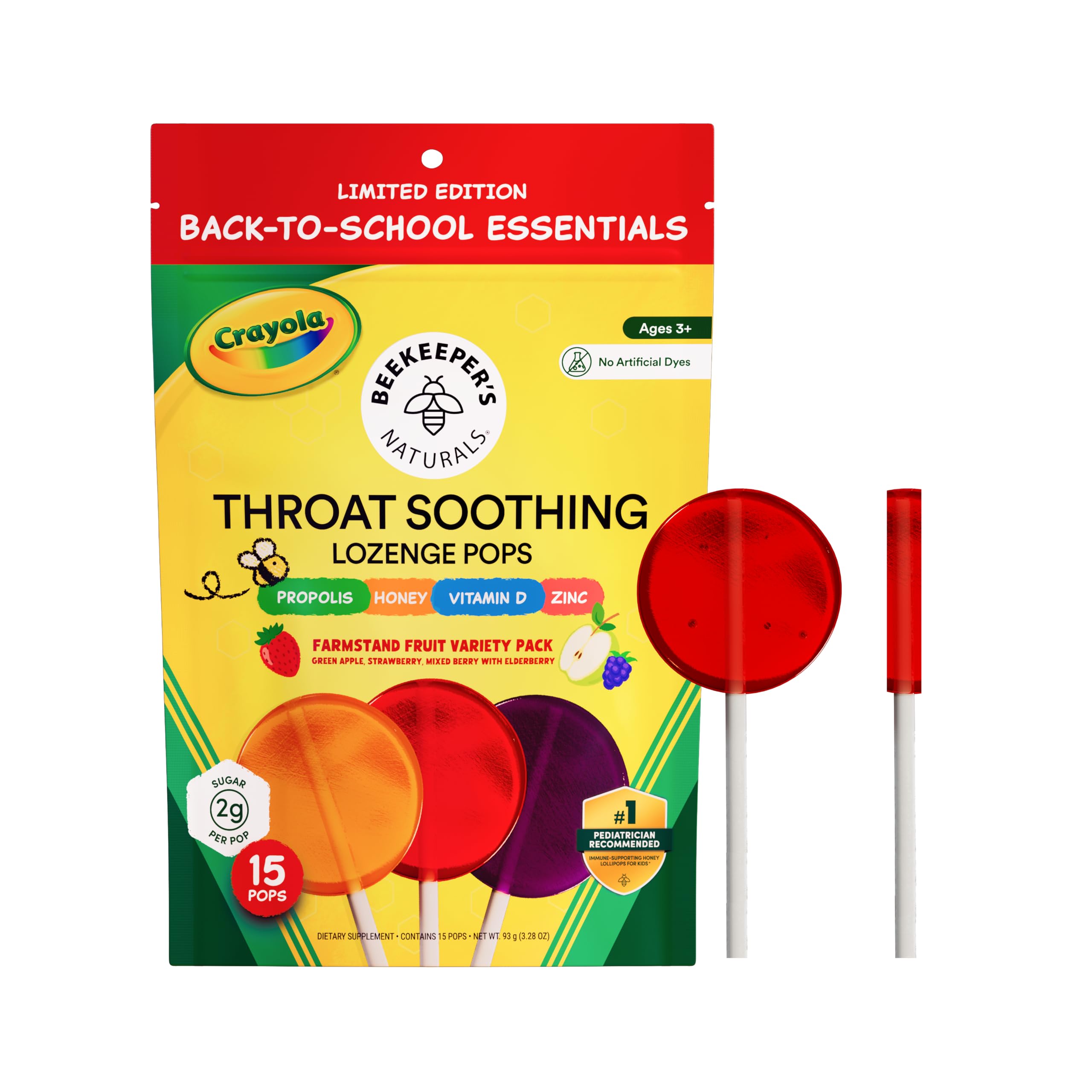Beekeeper's Naturals Throat Soothing Lollipops w/ Honey, Variety Pk, 15 ct | Doctor Formulated Immune Support, Vitamin D & Honey, Under 2g Sugar, Clean Ingredients, 15 ct