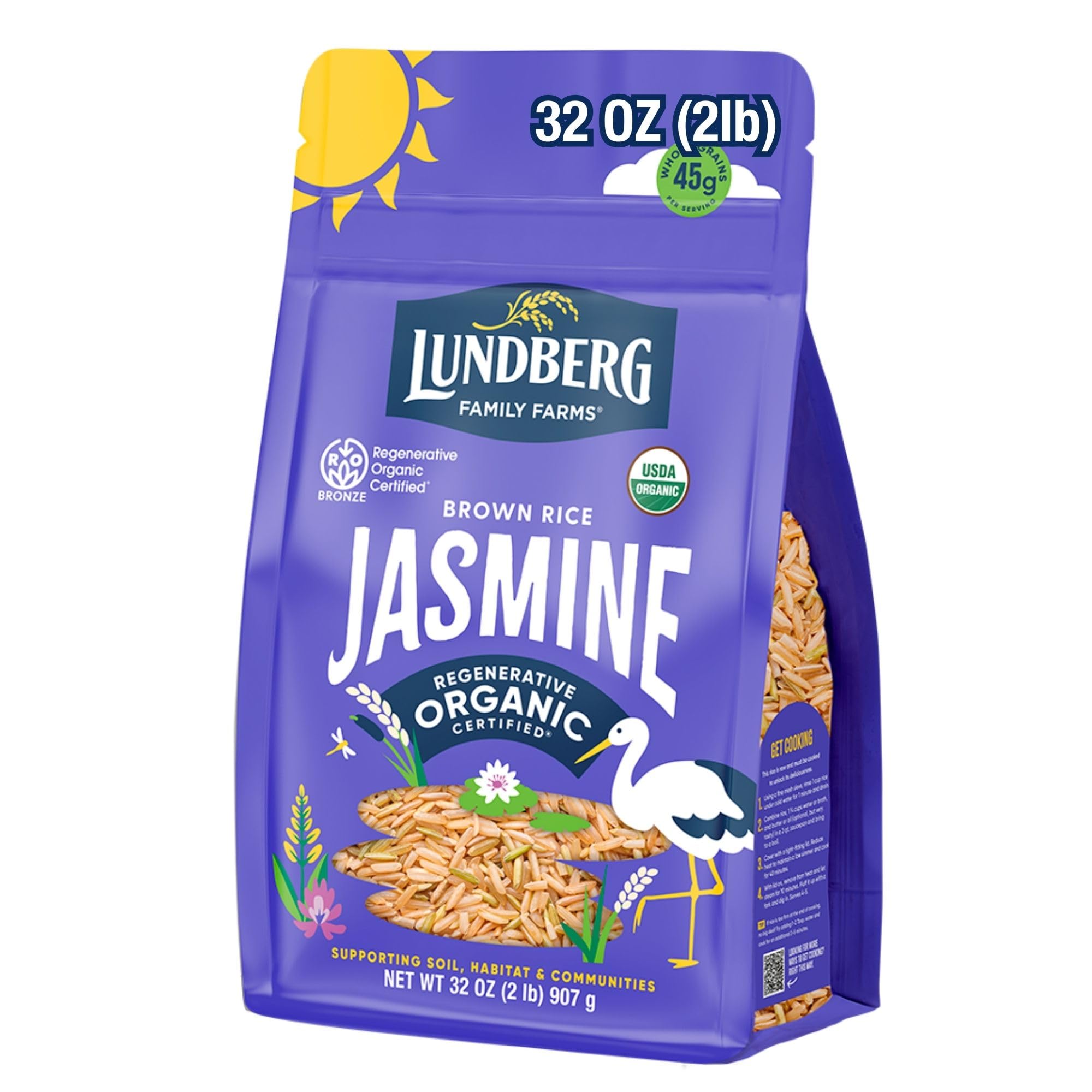 Lundberg Organic Jasmine Brown Rice – Long-Grain, Fluffy & Aromatic, Responsibly Grown in California, 32 Oz