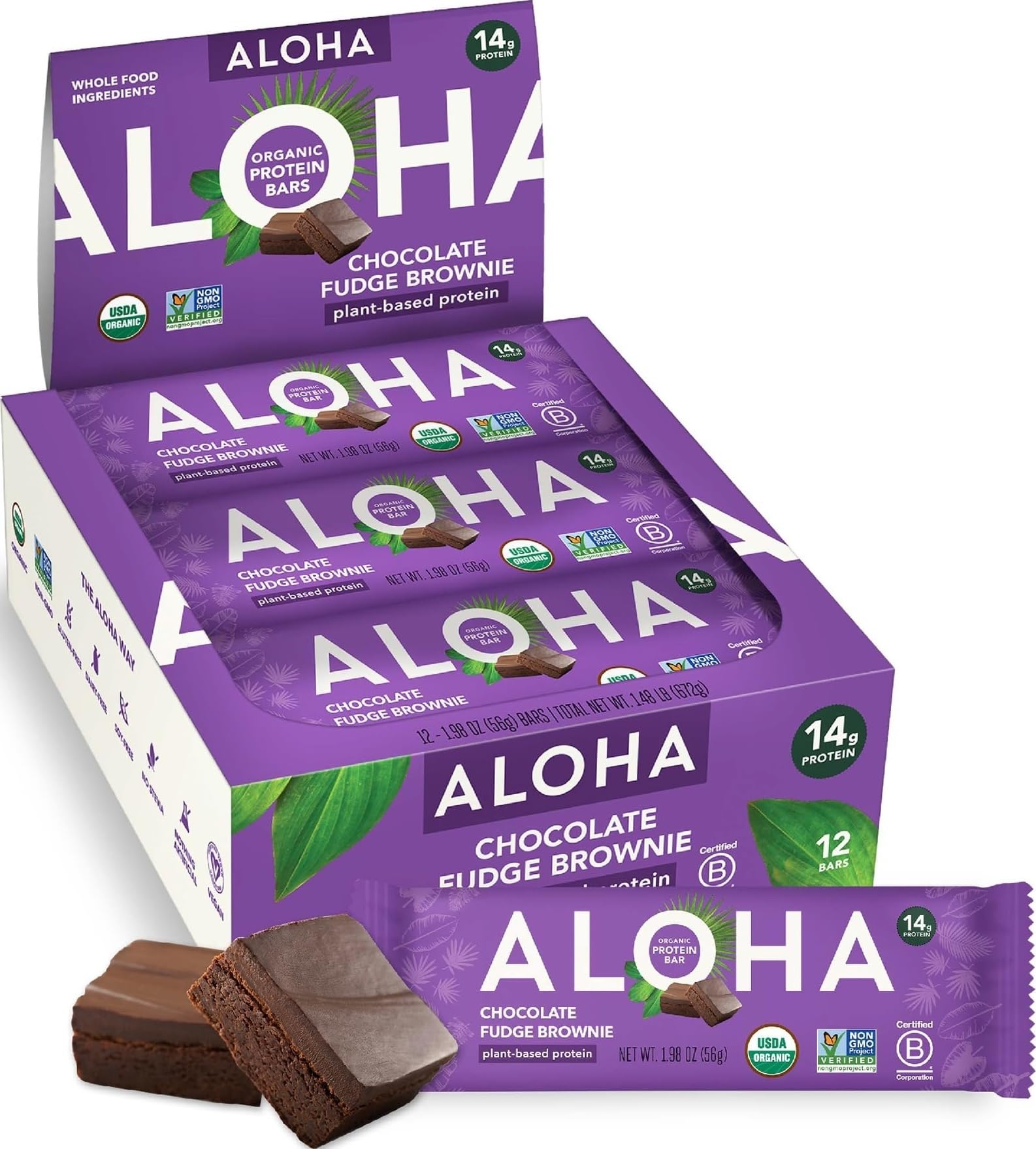 ALOHA Organic Plant-Based Protein Bars | Chocolate Fudge Brownie | Vegan, Gluten-Free, Paleo, Low-Carb, Non-GMO, Soy-Free, 12 Count