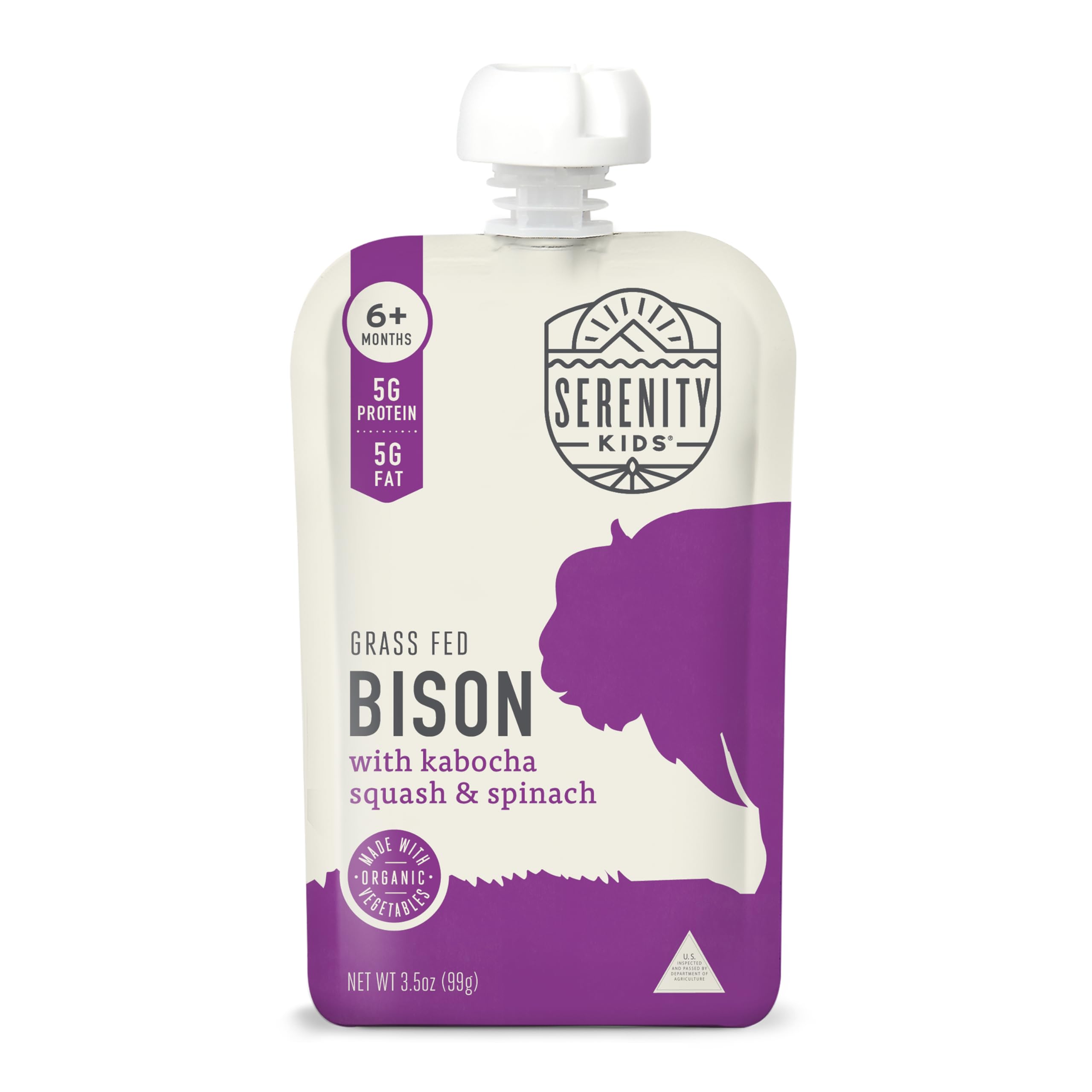 Serenity Kids 6+ Months Baby Food Pouches Puree Made With Ethically Sourced Meats & Organic Veggies | 3.5 Ounce BPA-Free Pouch | Grass Fed Bison, Kabocha Squash, Spinach | 1 Count